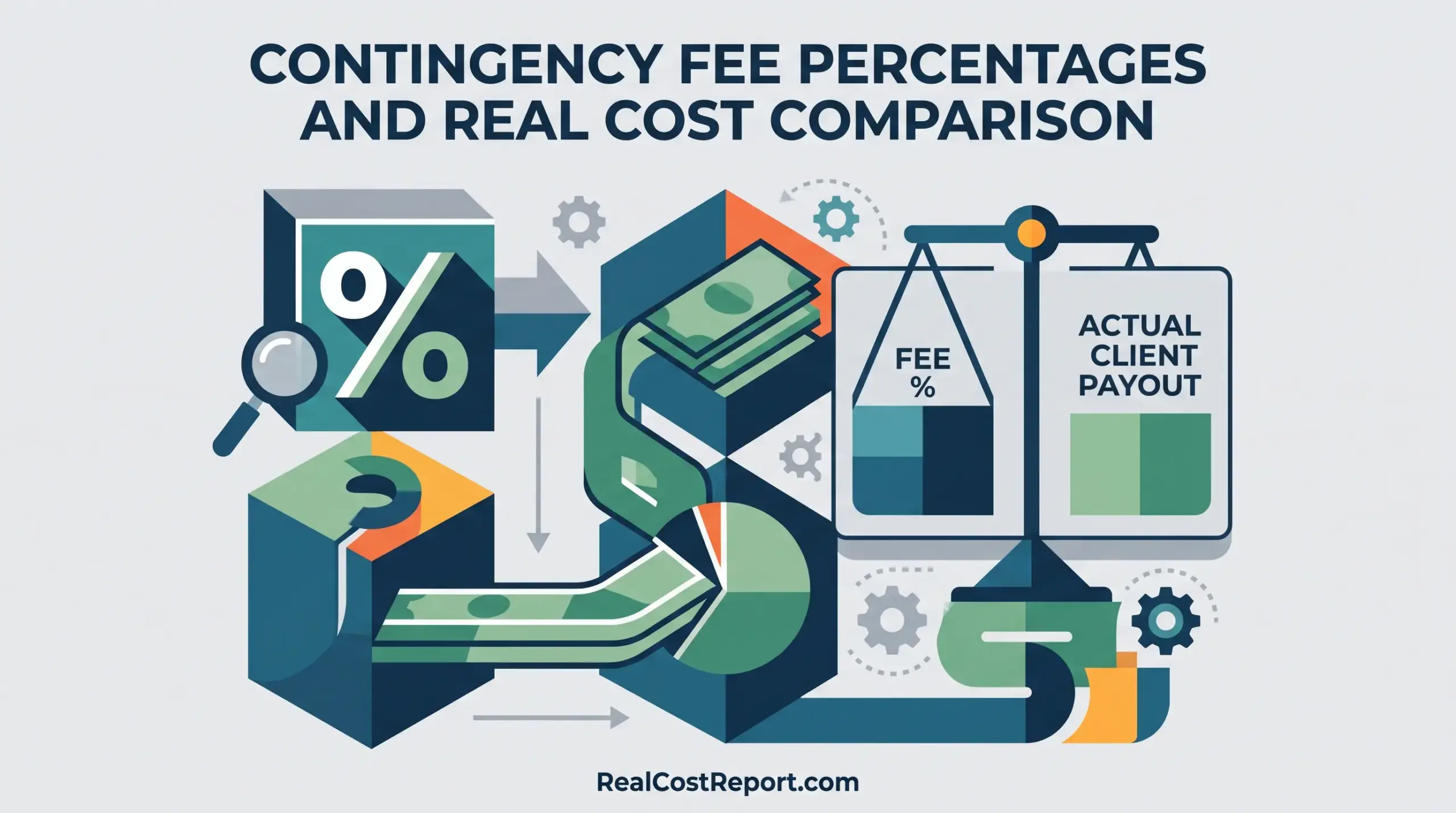 A flat geometric vector illustration for Real Cost Report comparing contingency fees with client payouts using a scale and percentage symbols.