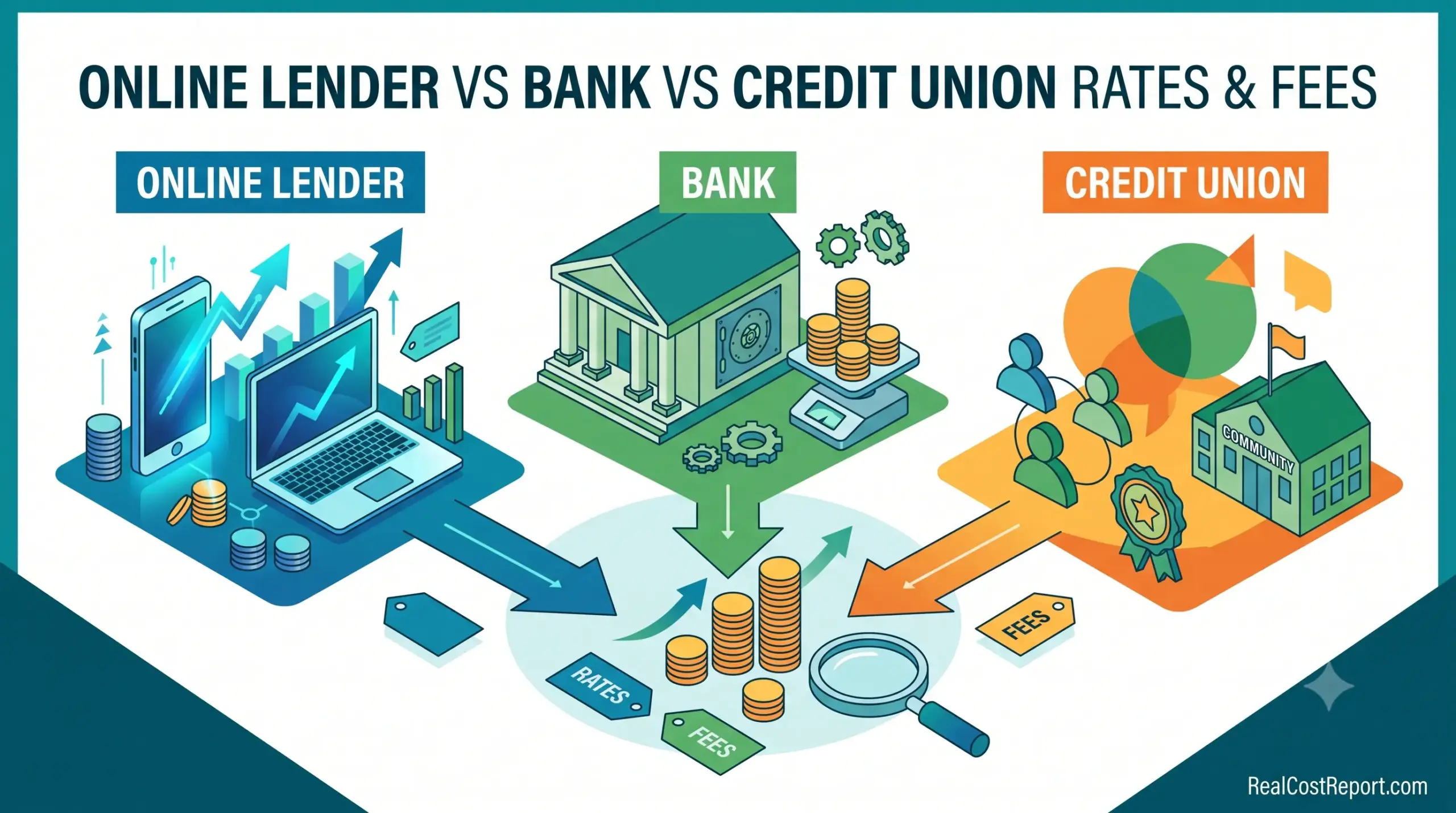 An infographic comparing "Online Lender VS Bank VS Credit Union Rates & Fees," with distinct sections, icons, and a "RealCostReport.com" URL.