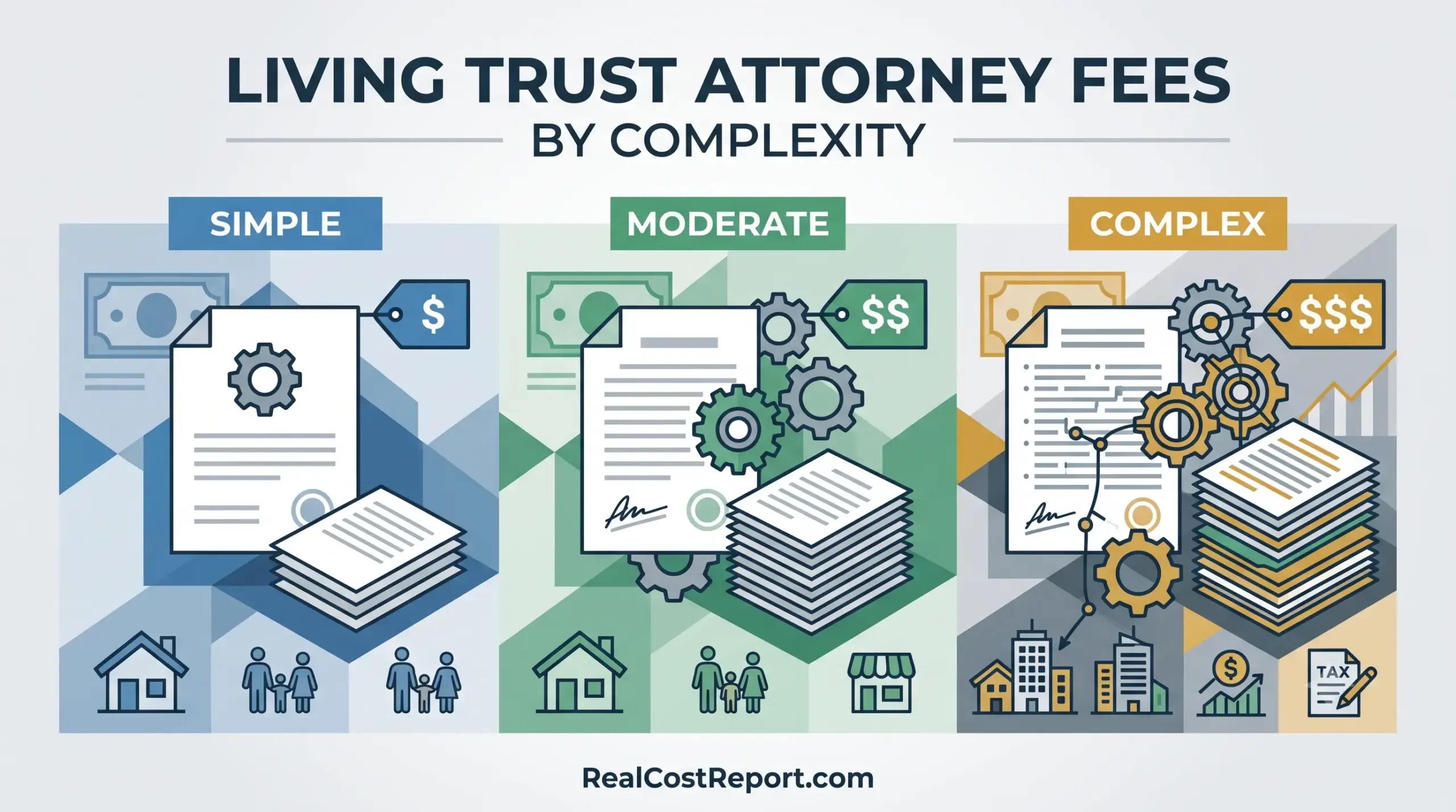 A clean infographic comparison of attorney fees for living trusts, categorized as simple, moderate, or complex with corresponding legal icons and price tags.