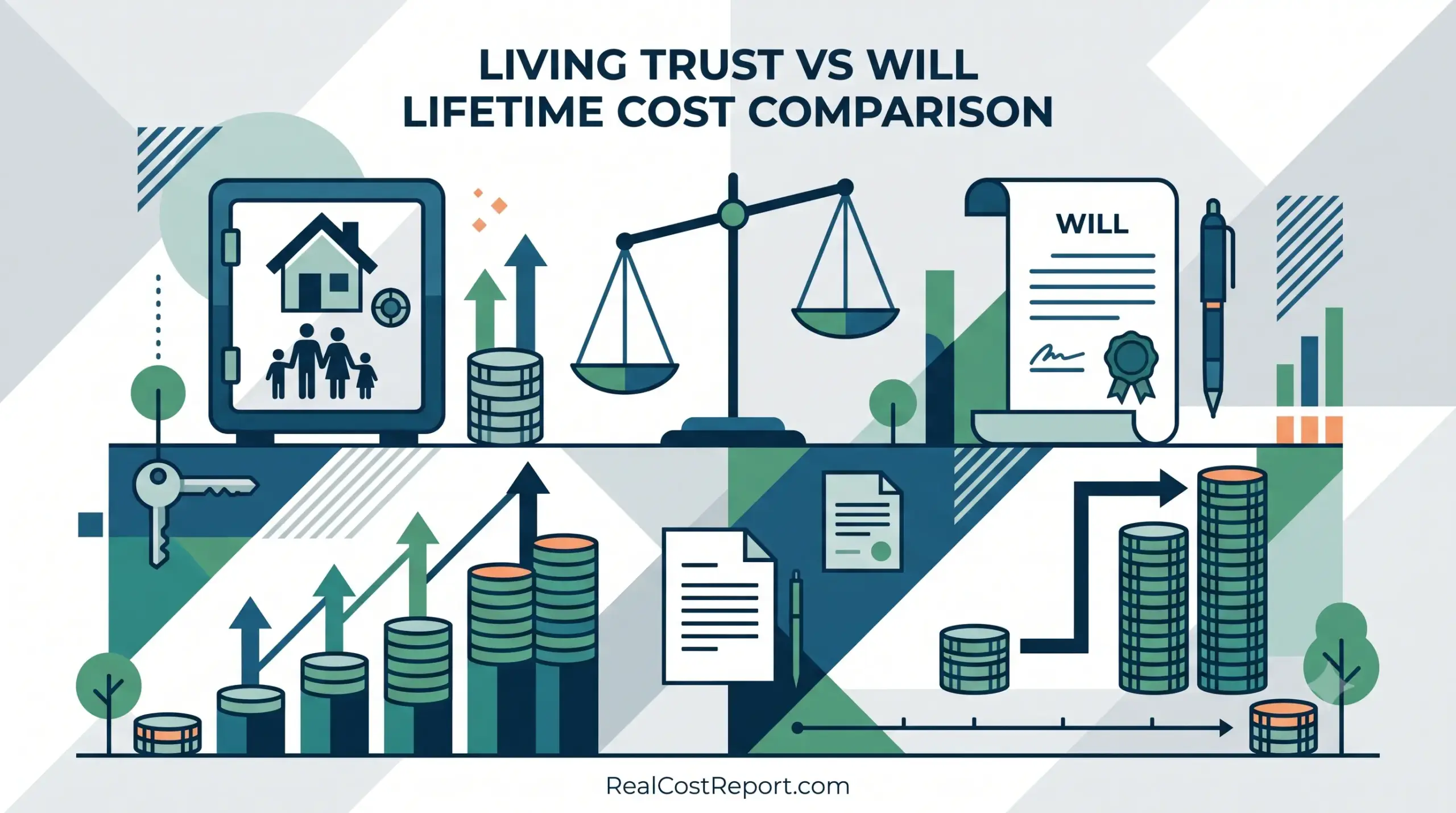 Geometric vector illustration comparing expenses: a safe and coin stacks for a trust versus a legal document for a will.