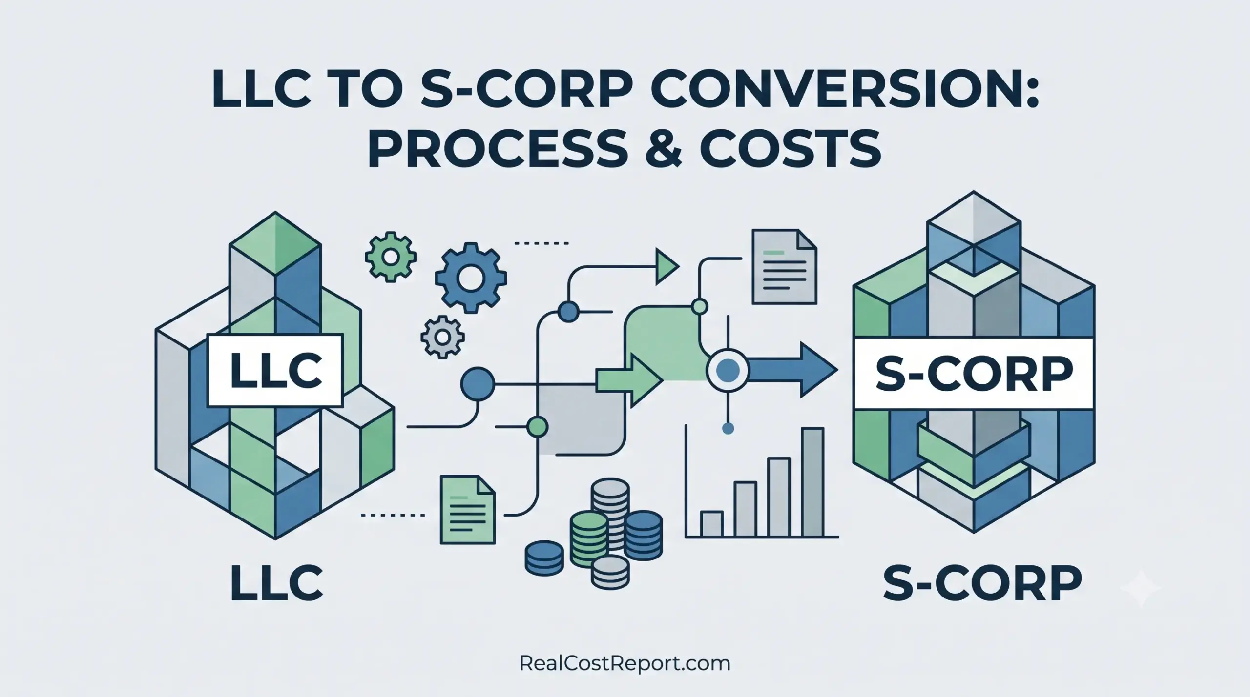 Minimalist geometric illustration showing the process of converting an LLC to an S-Corp with simple document and cost symbols.