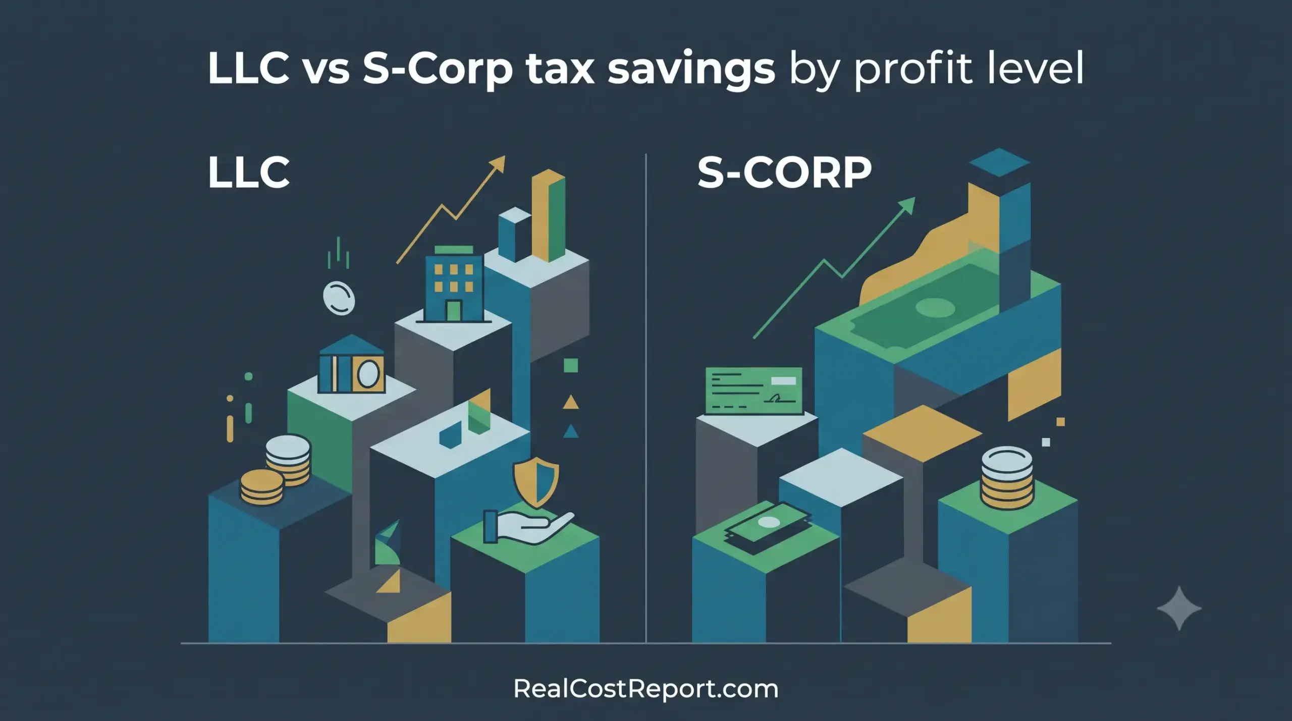 A modern geometric vector illustration comparing LLC and S-Corp tax structures with increasing isometric bar charts.