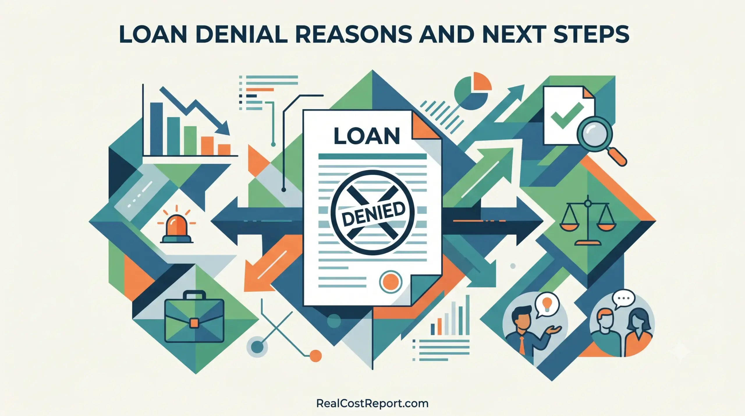 A geometric illustration with the title "Loan Denial Reasons and Next Steps," featuring a denied document and financial icons.
