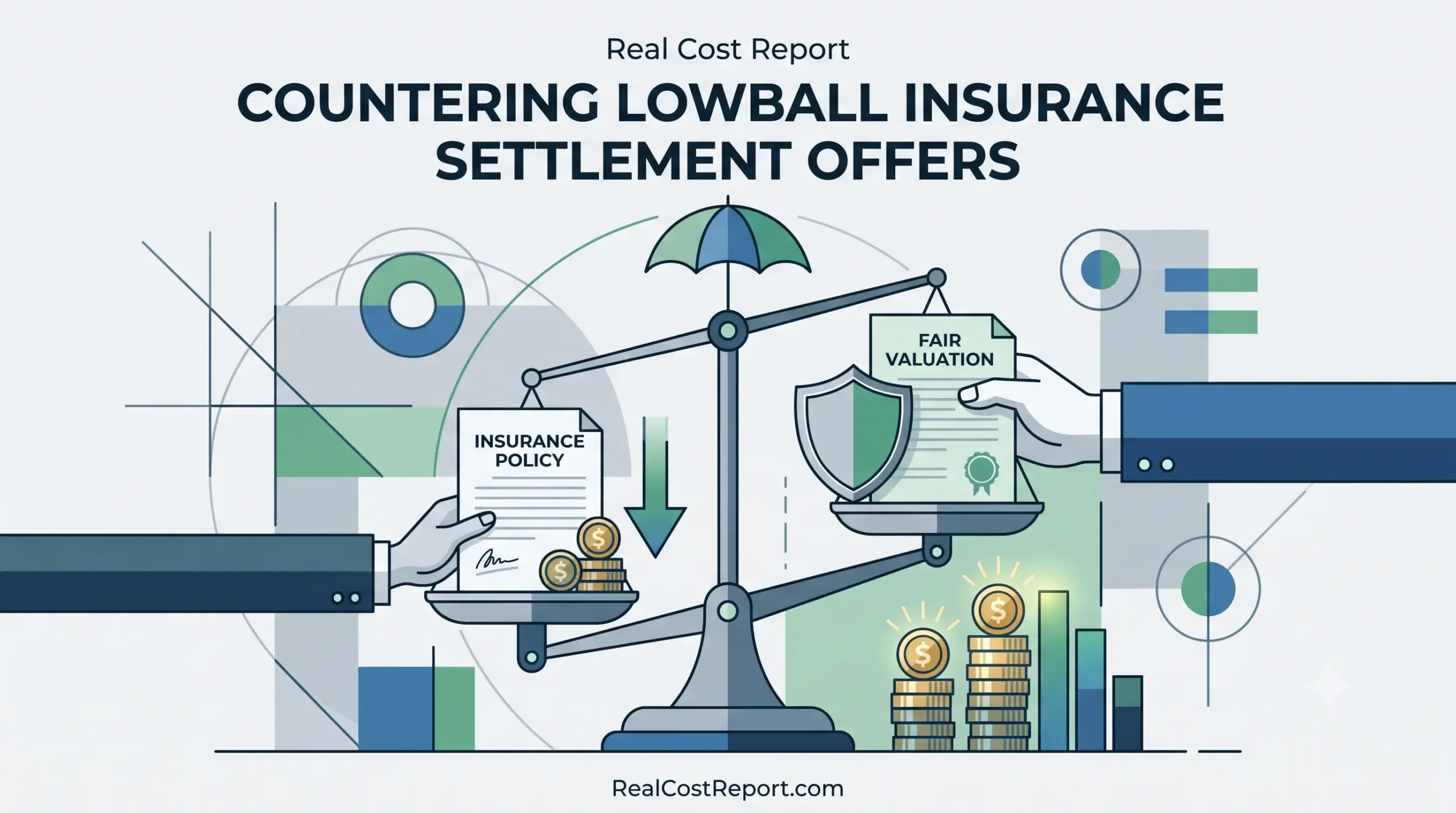 Vector illustration of business hands using a large balance scale, weighing an "Insurance Policy" and a "Fair Valuation" document.