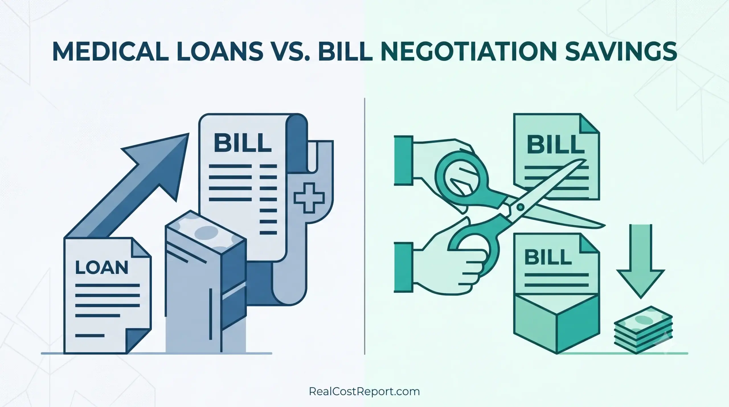 A split geometric illustration comparing rising medical loan debt with scissors cutting down medical bills for savings.