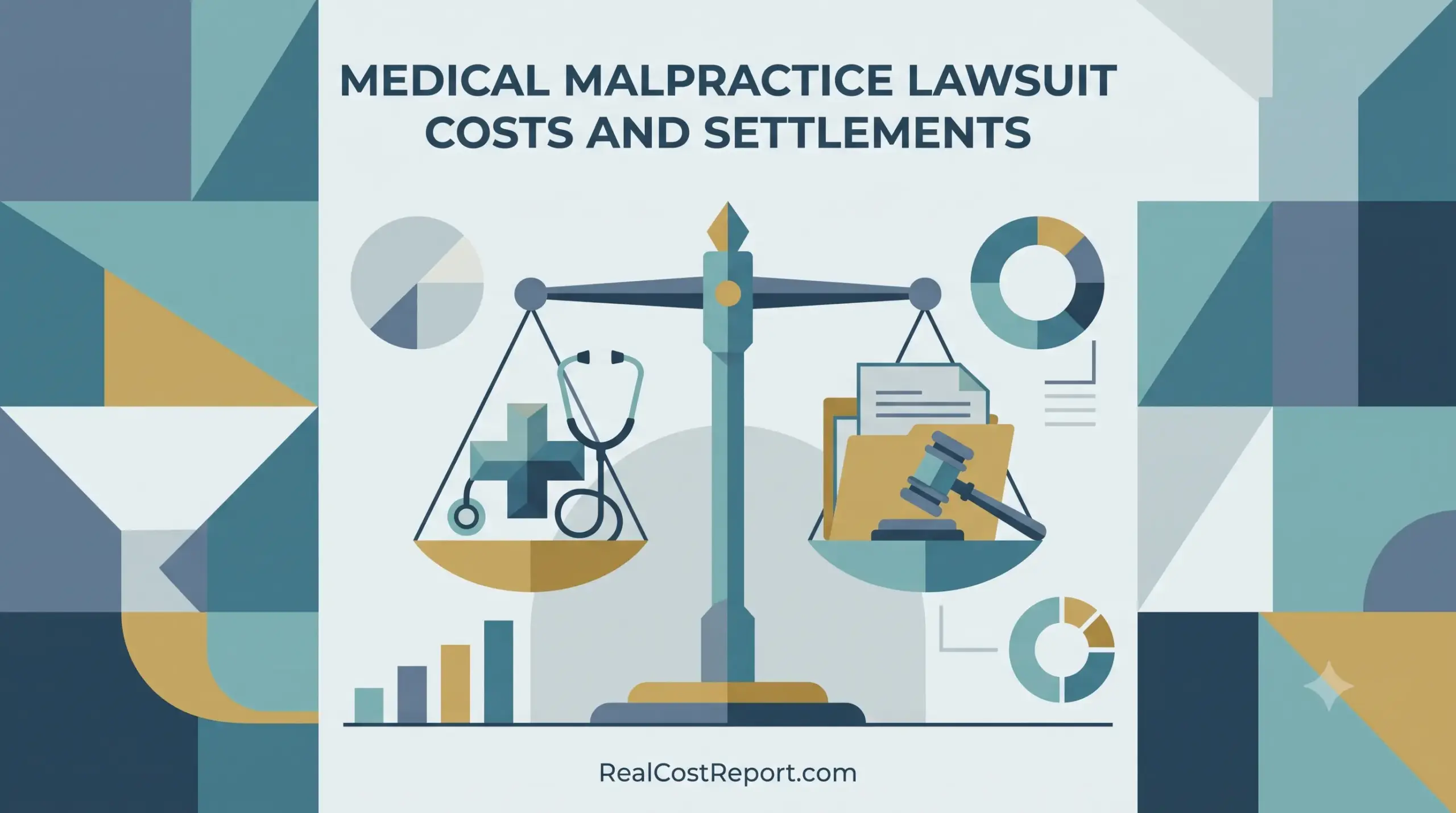 Geometric vector illustration of a balance scale weighing medical symbols against legal documents, with headlines about malpractice lawsuit costs.