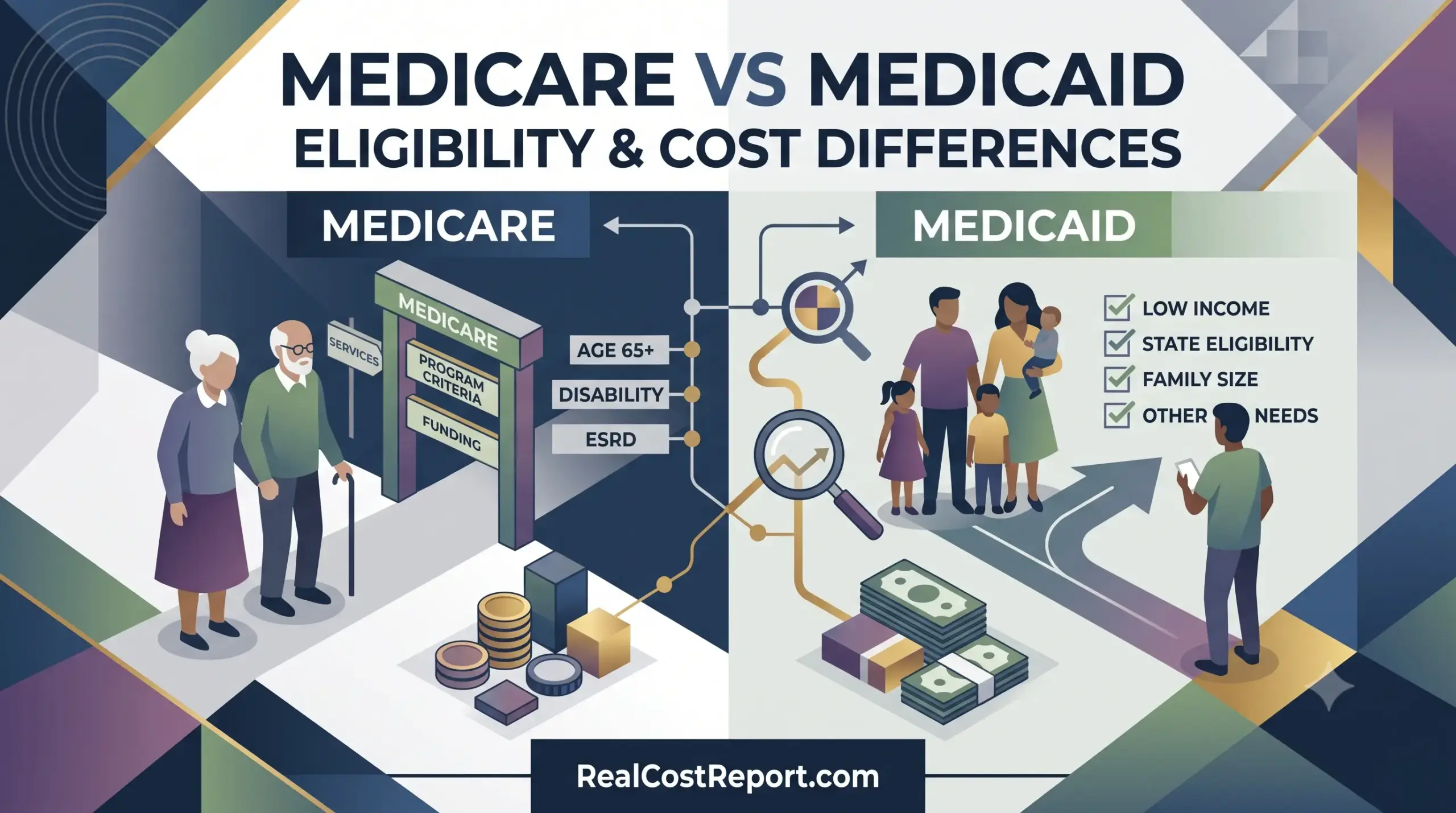 A modern vector illustration compares Medicare and Medicaid eligibility, cost differences, and various program requirements for different demographics.