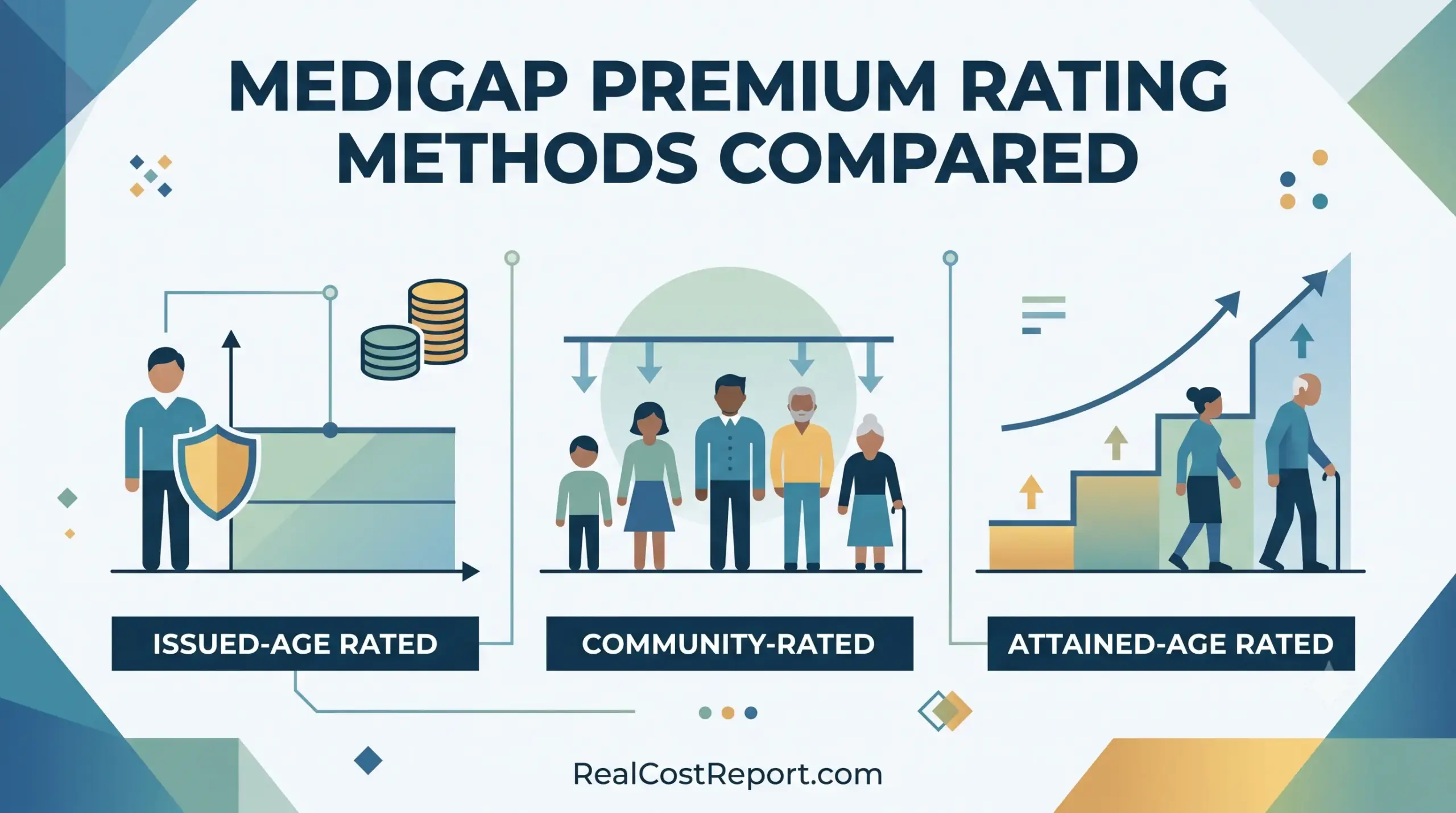 A flat geometric illustration comparing three Medigap premium rating methods: Issued-Age Rated, Community-Rated, and Attained-Age Rated.