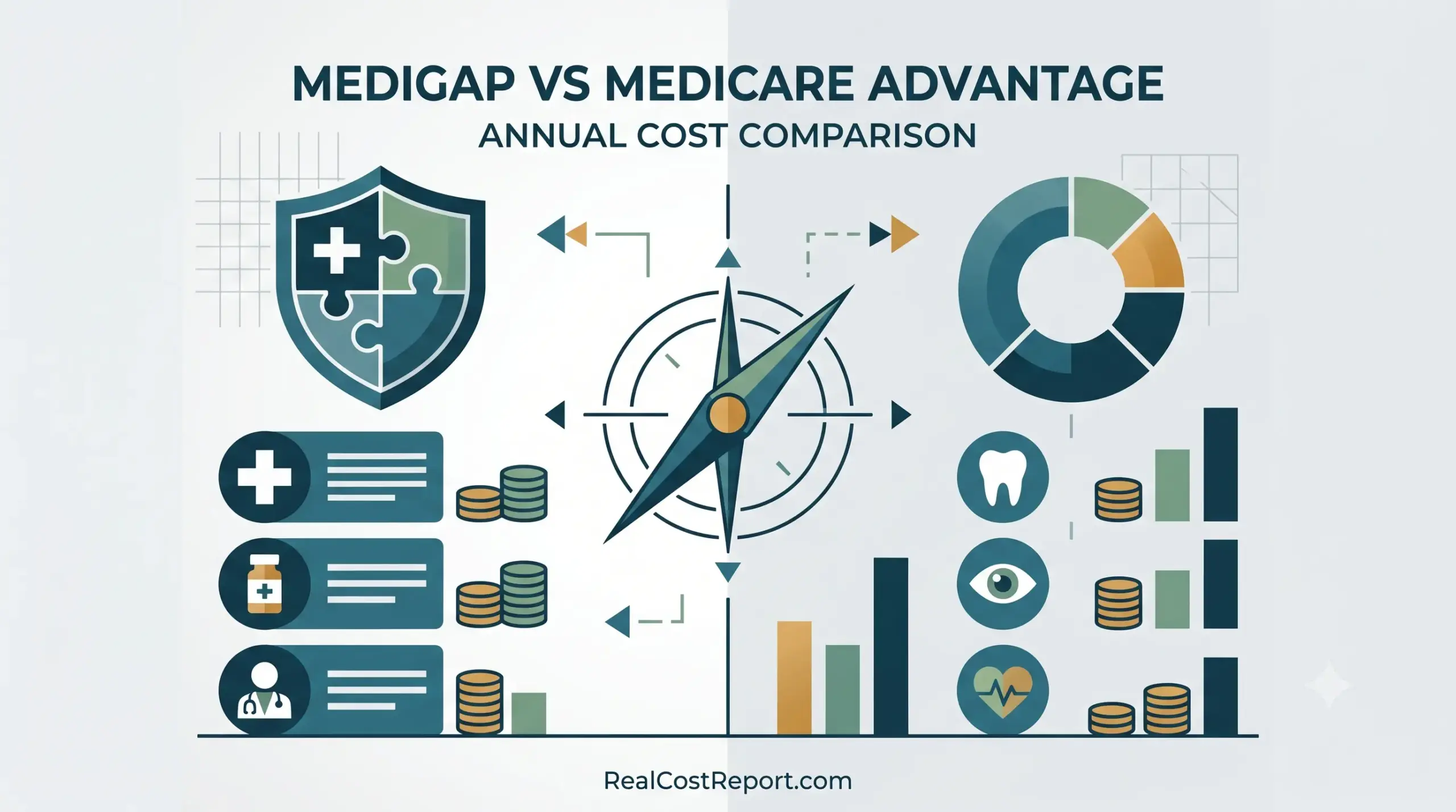 A corporate vector illustration comparing Medicare options, featuring a shield, medical icons, a compass, and cost graphs in blue and gold tones.