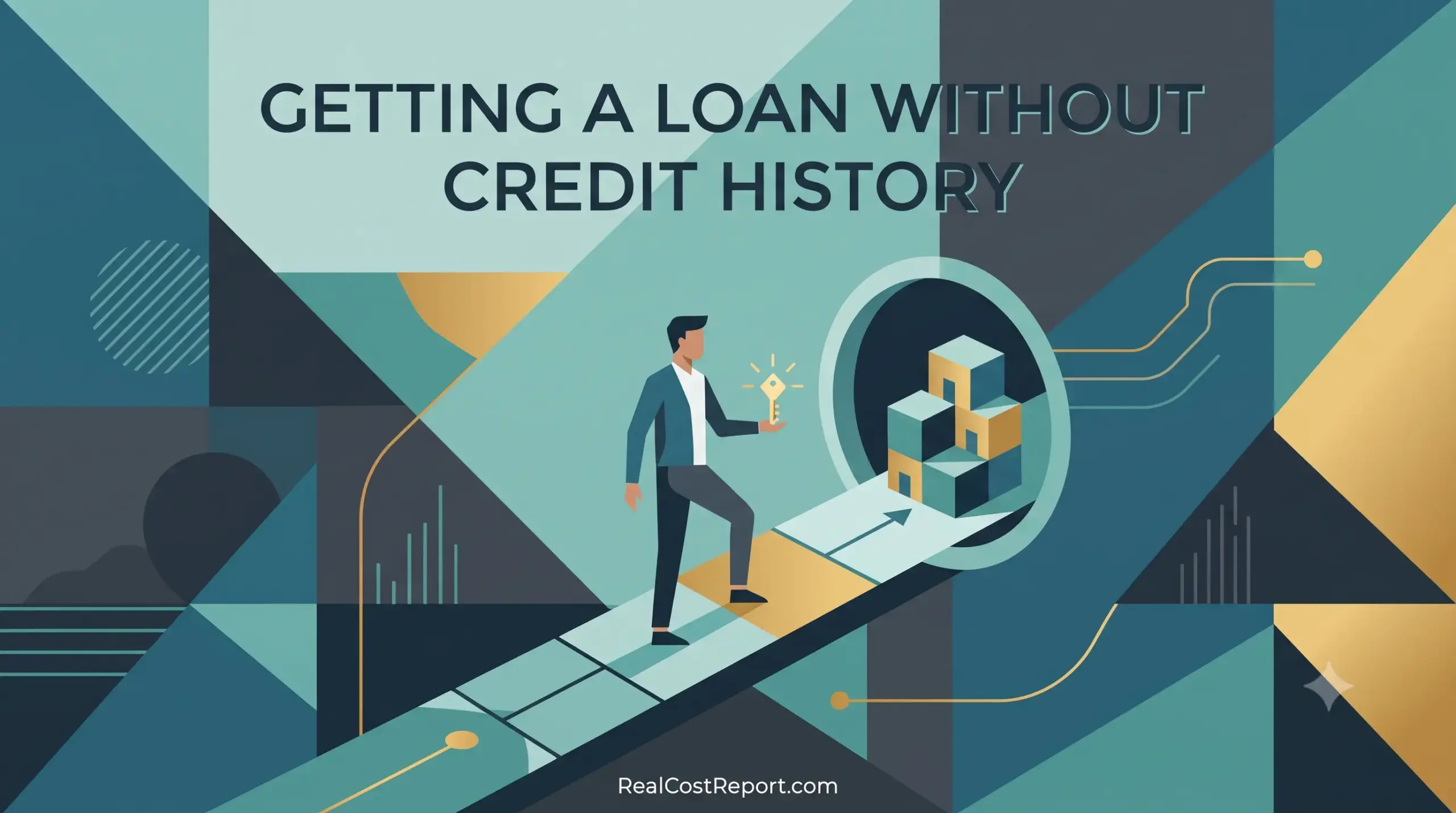 A stylized vector man walks a path holding a glowing key toward blocks, with the headline "GETTING A LOAN WITHOUT CREDIT HISTORY" and RealCostReport.com.