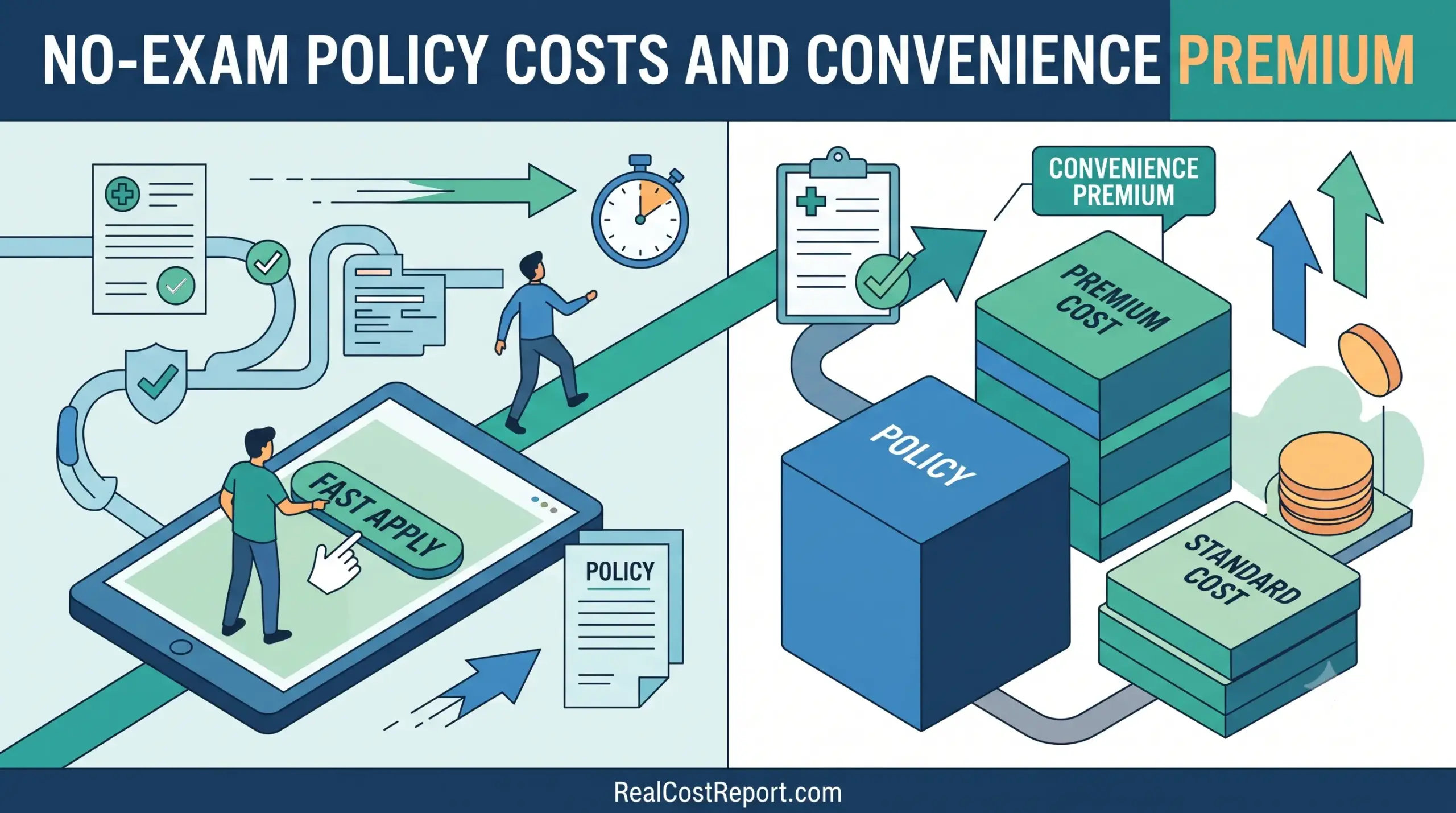 A geometric illustration for RealCostReport.com comparing the fast online application of no-exam policies with higher premium costs versus standard costs.