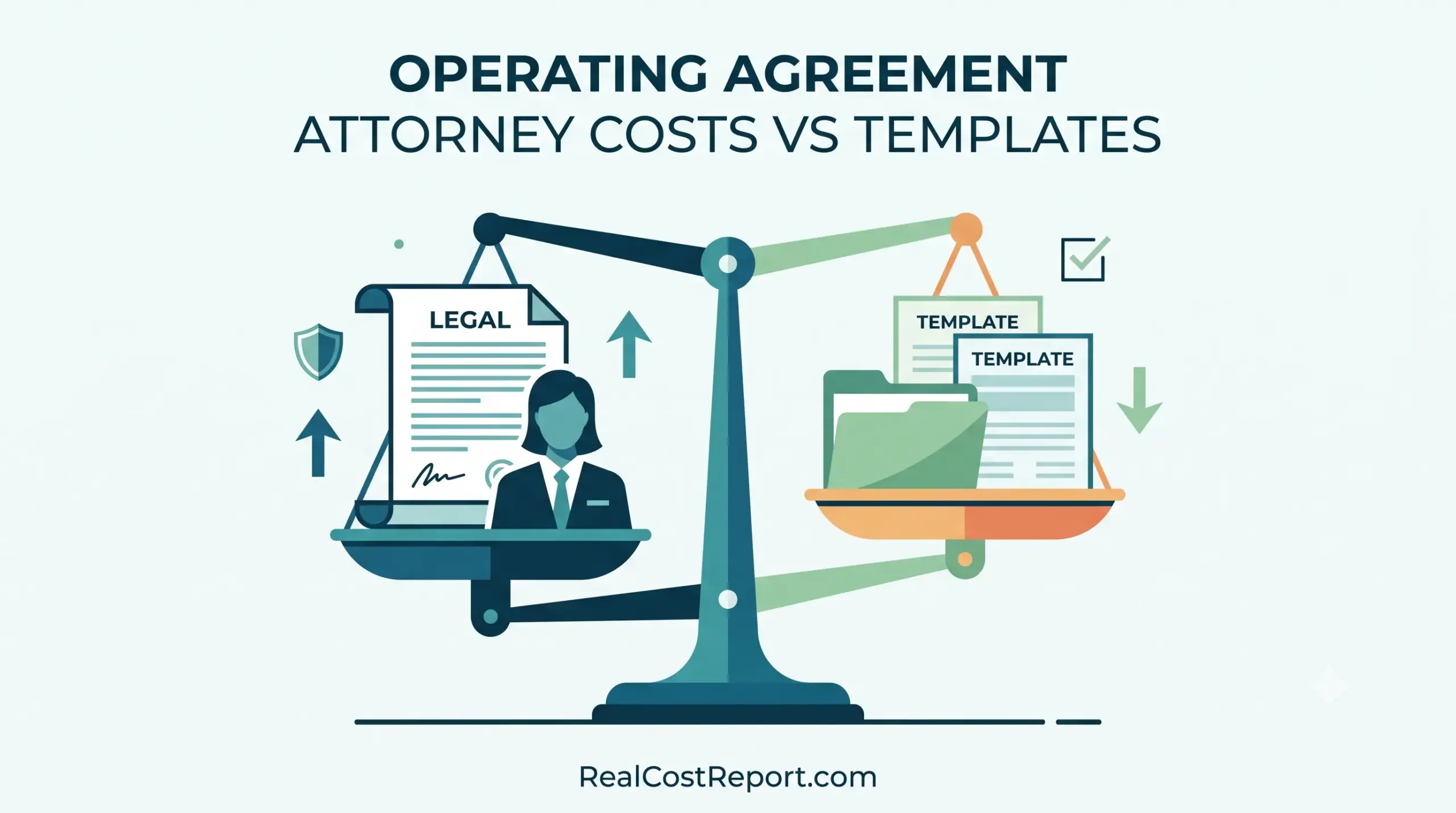 A geometric flat vector illustration on a balance scale, comparing a premium legal service option with an 'up' arrow on one side to generic document templates with a 'down' arrow on the other side.