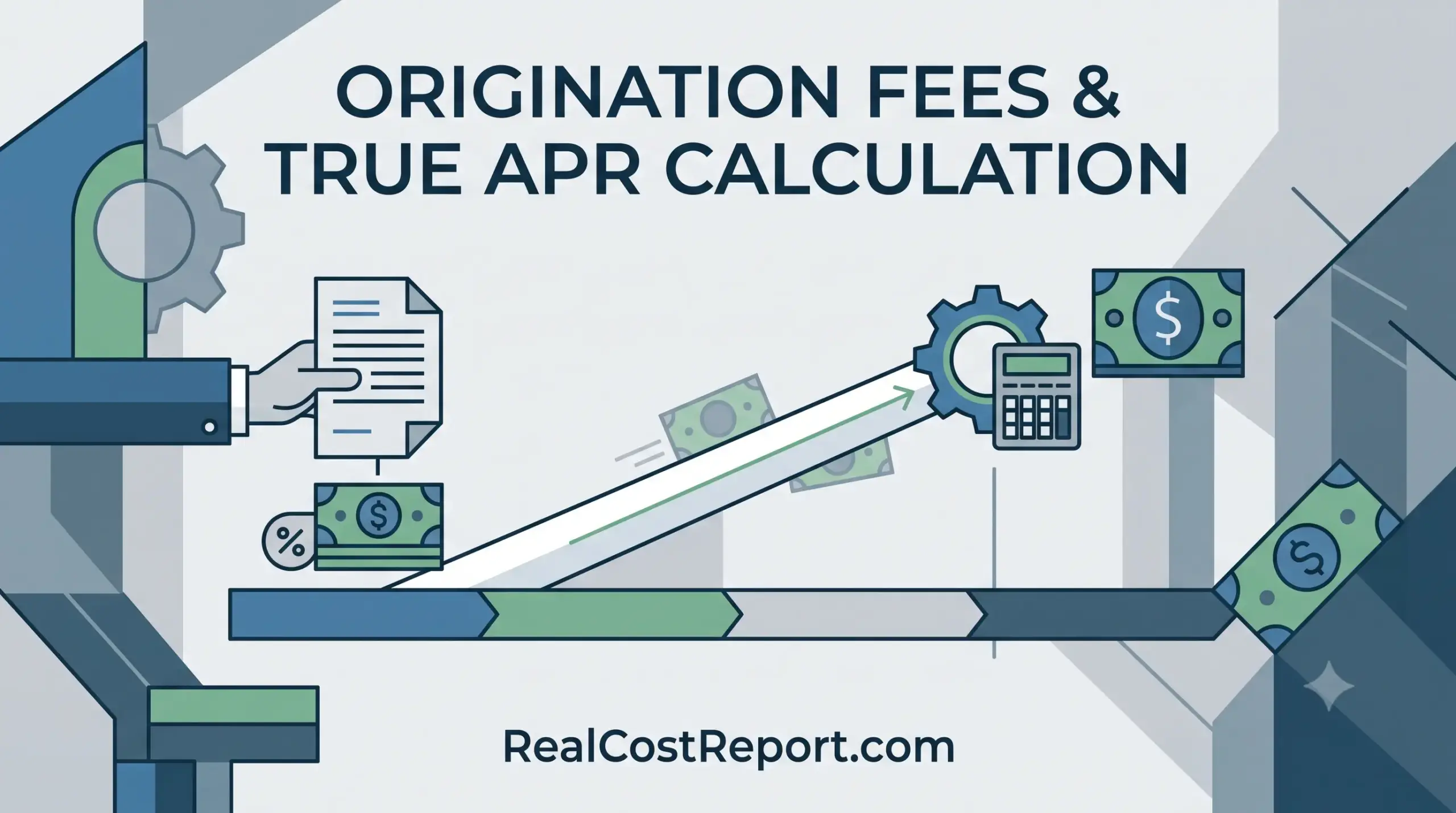 A geometric vector illustration for RealCostReport.com analyzing the impact of origination fees on true loan APR calculations.