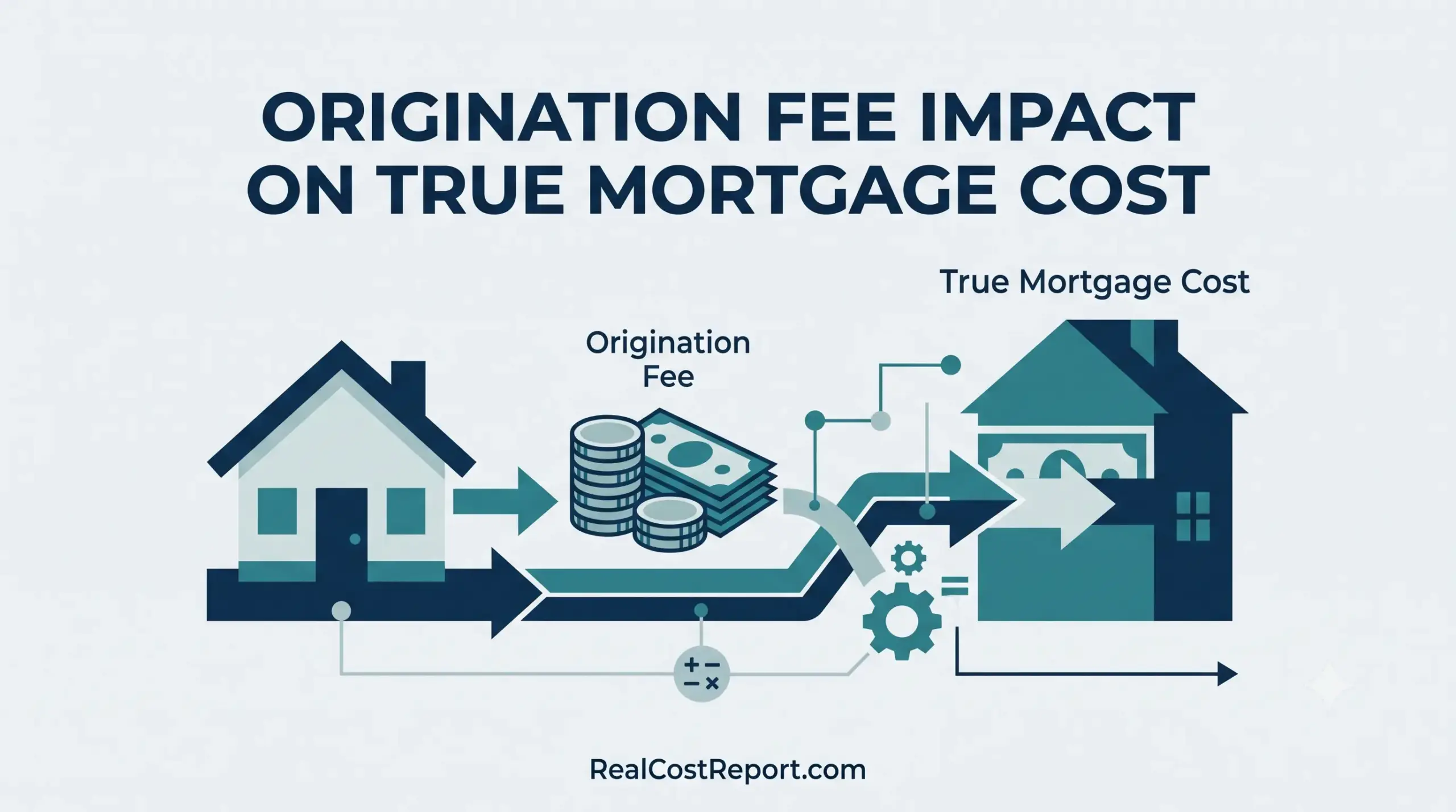 Geometric illustration showing origination fees being added to a basic loan to determine the final true mortgage cost.