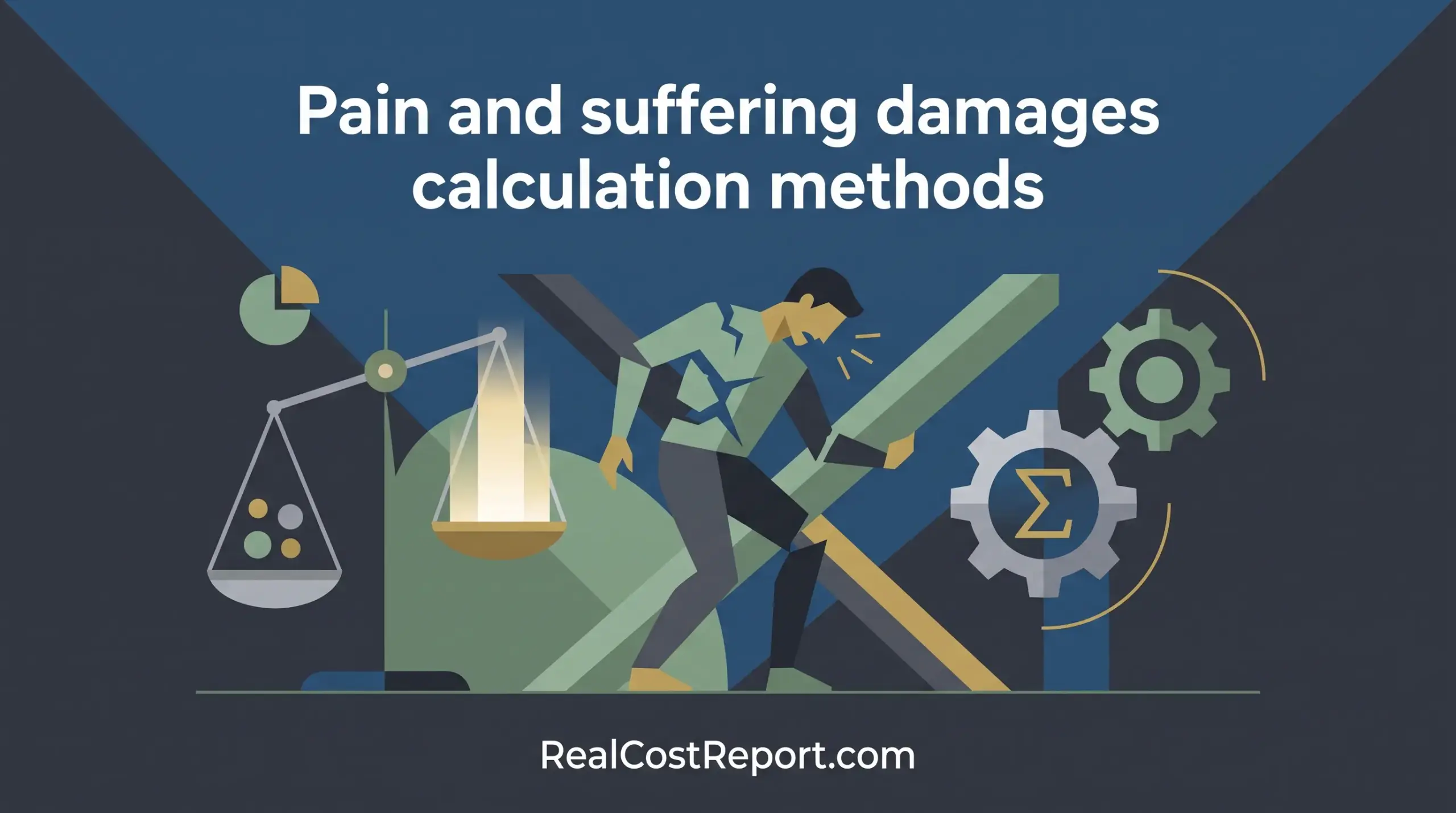 Modern flat geometric illustration showing an injured figure, balance scales, and gears, representing legal damage calculations.