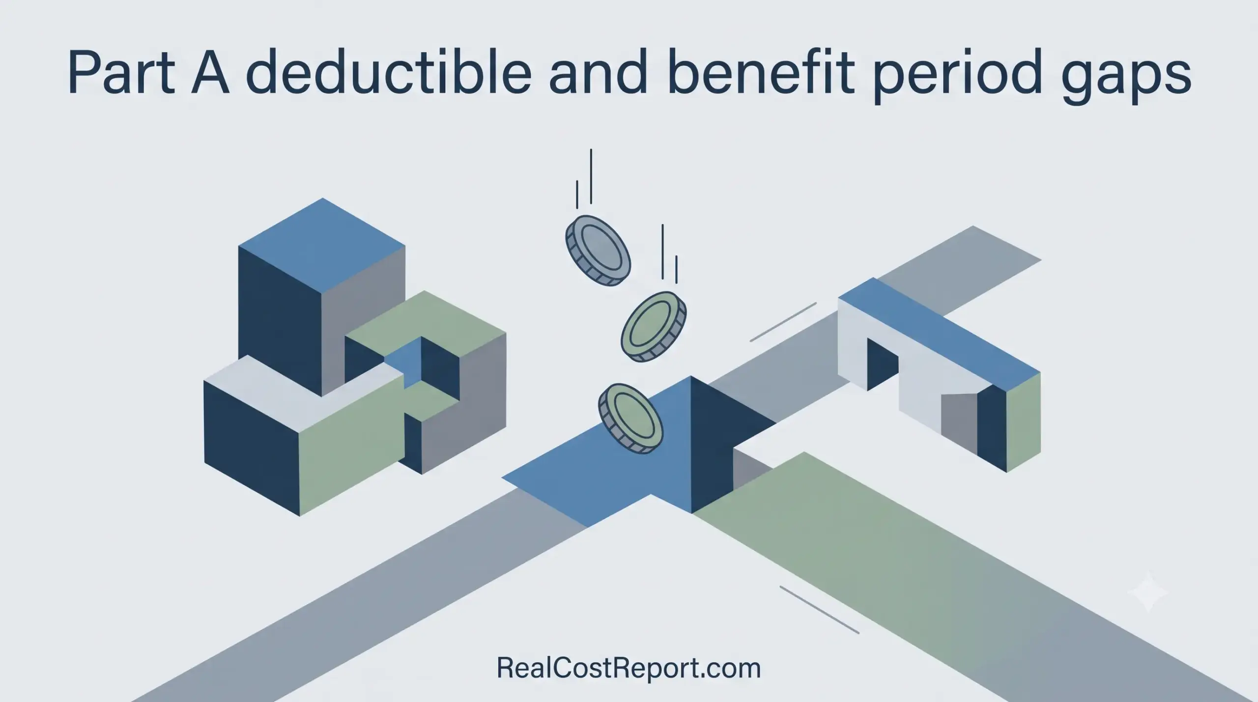A modern geometric vector illustration showing a path with gaps, symbolizing the Part A deductible and benefit period gaps, in a clean, professional design.