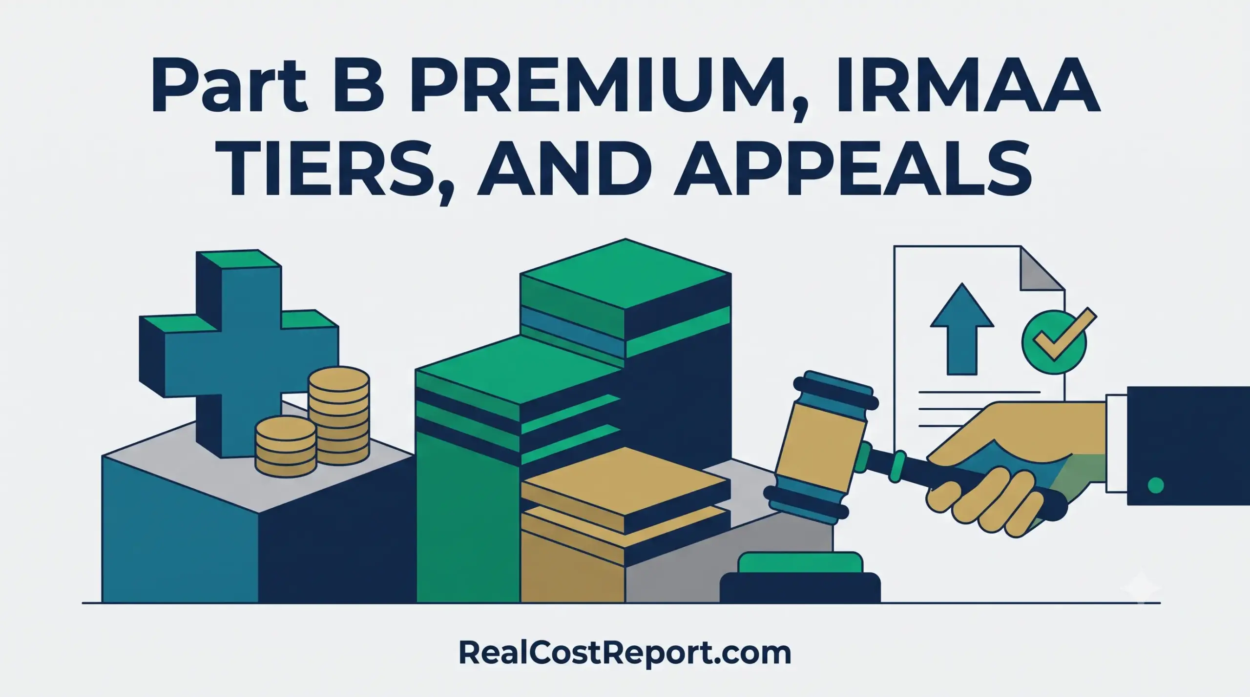 A geometric vector illustration featuring a medical cross, tiered blocks, and a gavel with a document, representing Medicare costs and appeals.