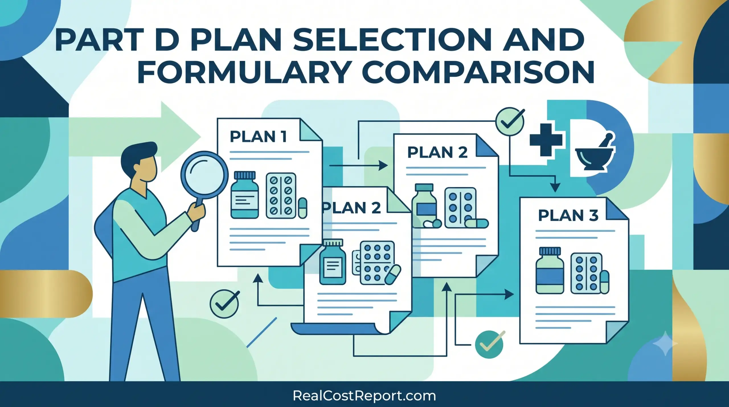 Minimalist geometric illustration showing medical documents and prescription bottles, representing Part D plan and formulary comparisons.
