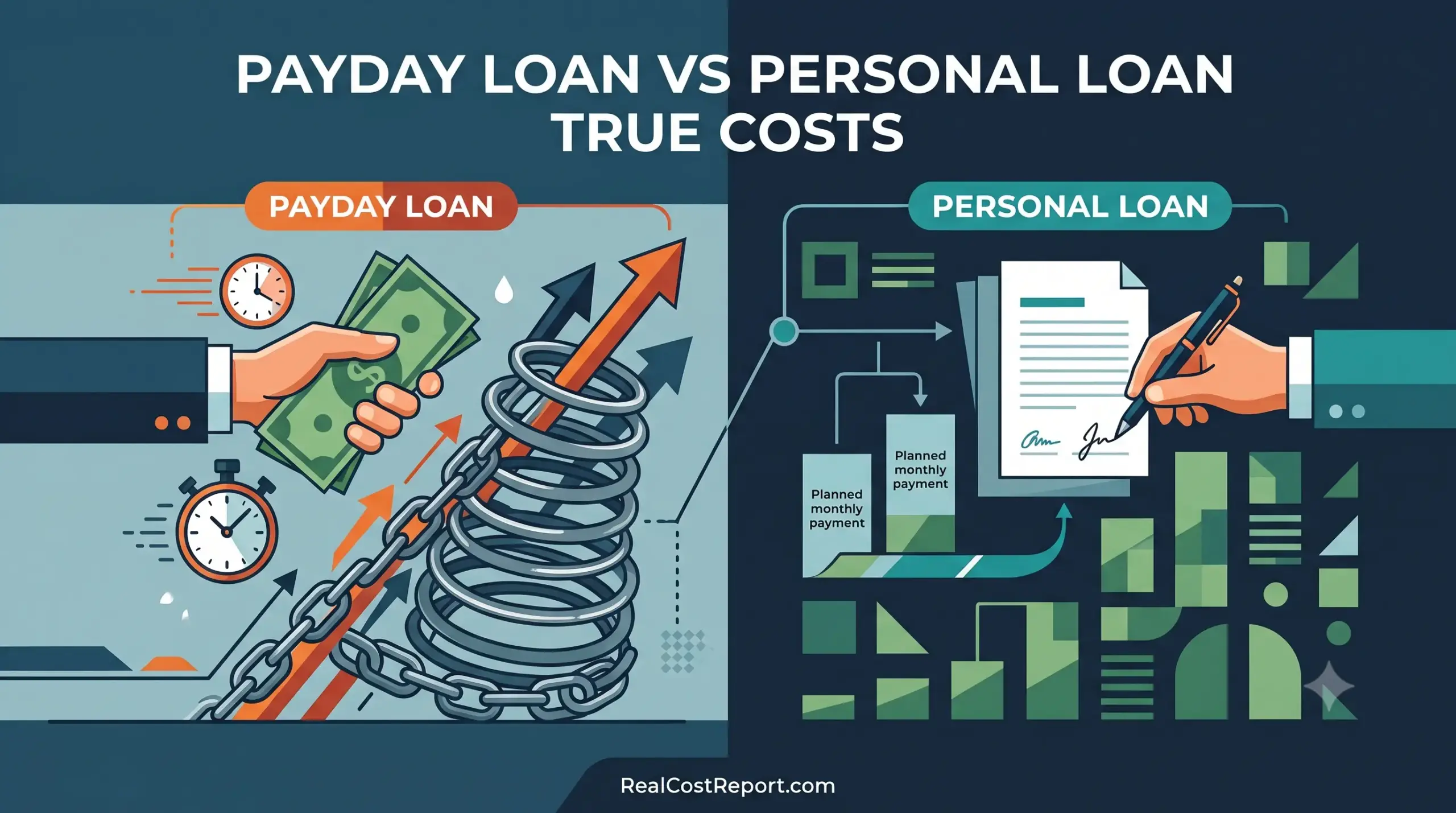 A minimal geometric illustration comparing the financial concepts of payday loans and personal loans using professional colors.