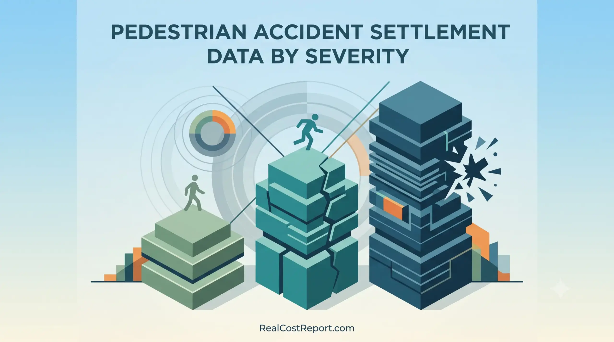 Modern isometric illustration showing walking and colliding figures with abstract graphs, titled Pedestrian Accident Settlement Data by Severity.