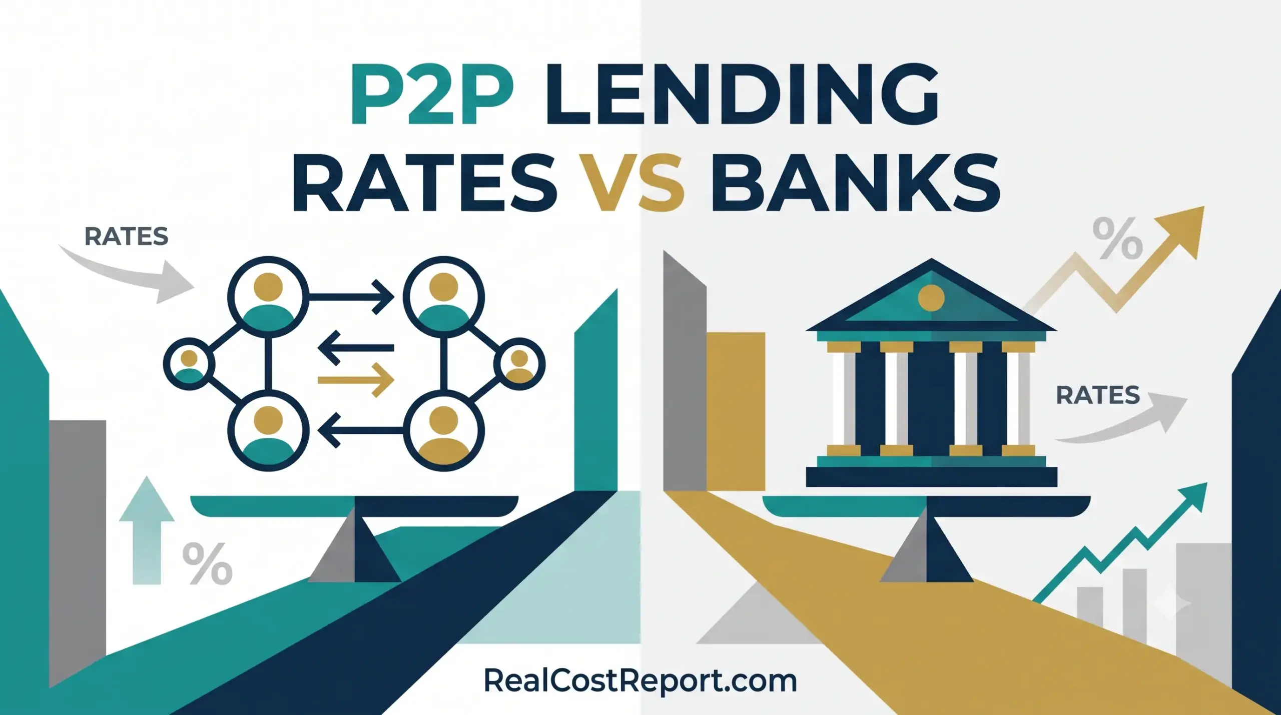A clean vector illustration comparing geometric icons of a P2P network against a bank building for interest rates.