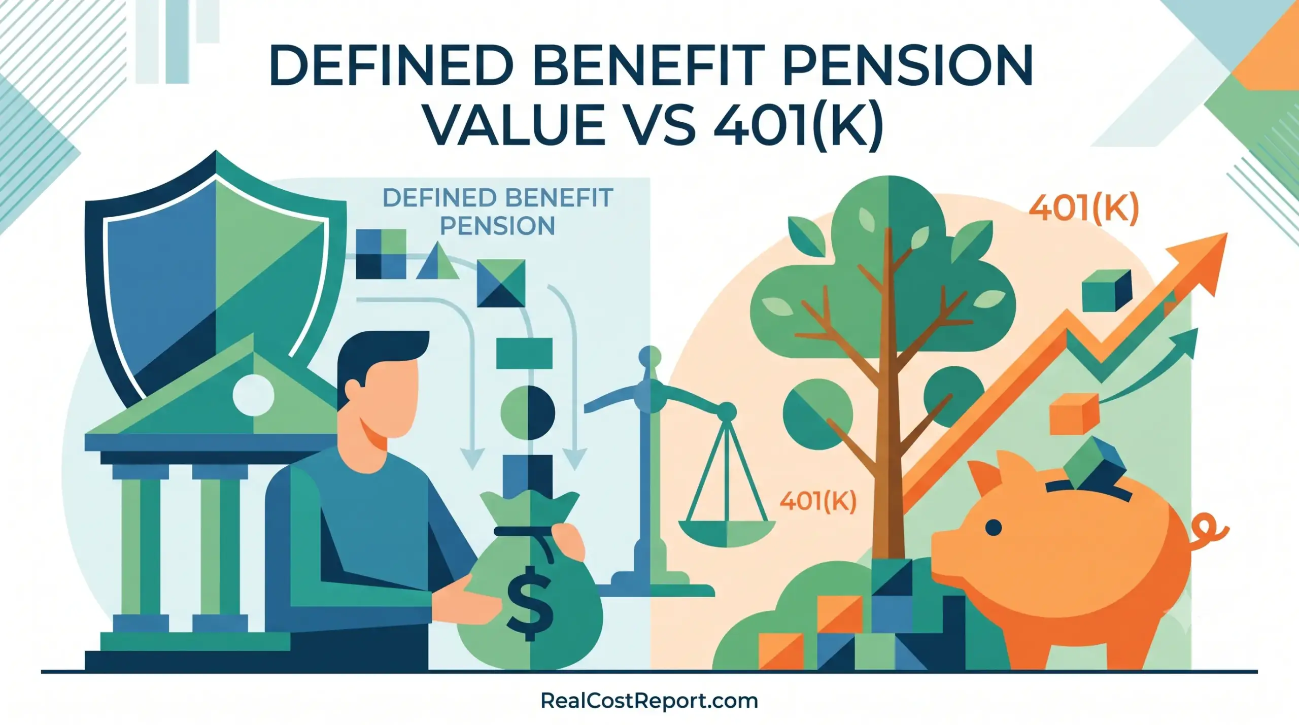 A professional vector illustration comparing defined benefit pensions, marked by a shield and bank, with 401(k) plans, featuring a tree and piggy bank.