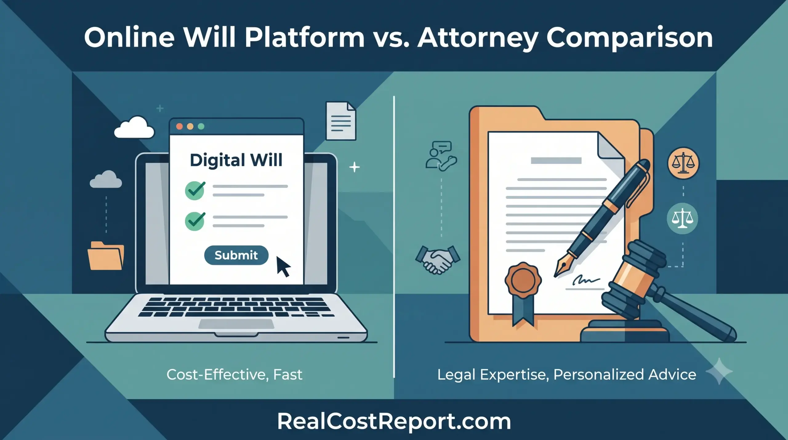 Geometric vector illustration comparing a laptop displaying a digital will form with traditional signed legal paper, pen, and gavel.
