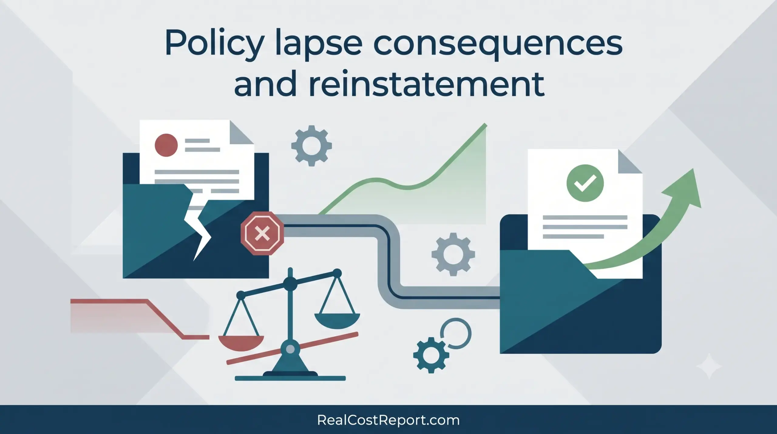 A geometric illustration for RealCostReport.com shows a broken policy document being restored with a green arrow and checkmark.