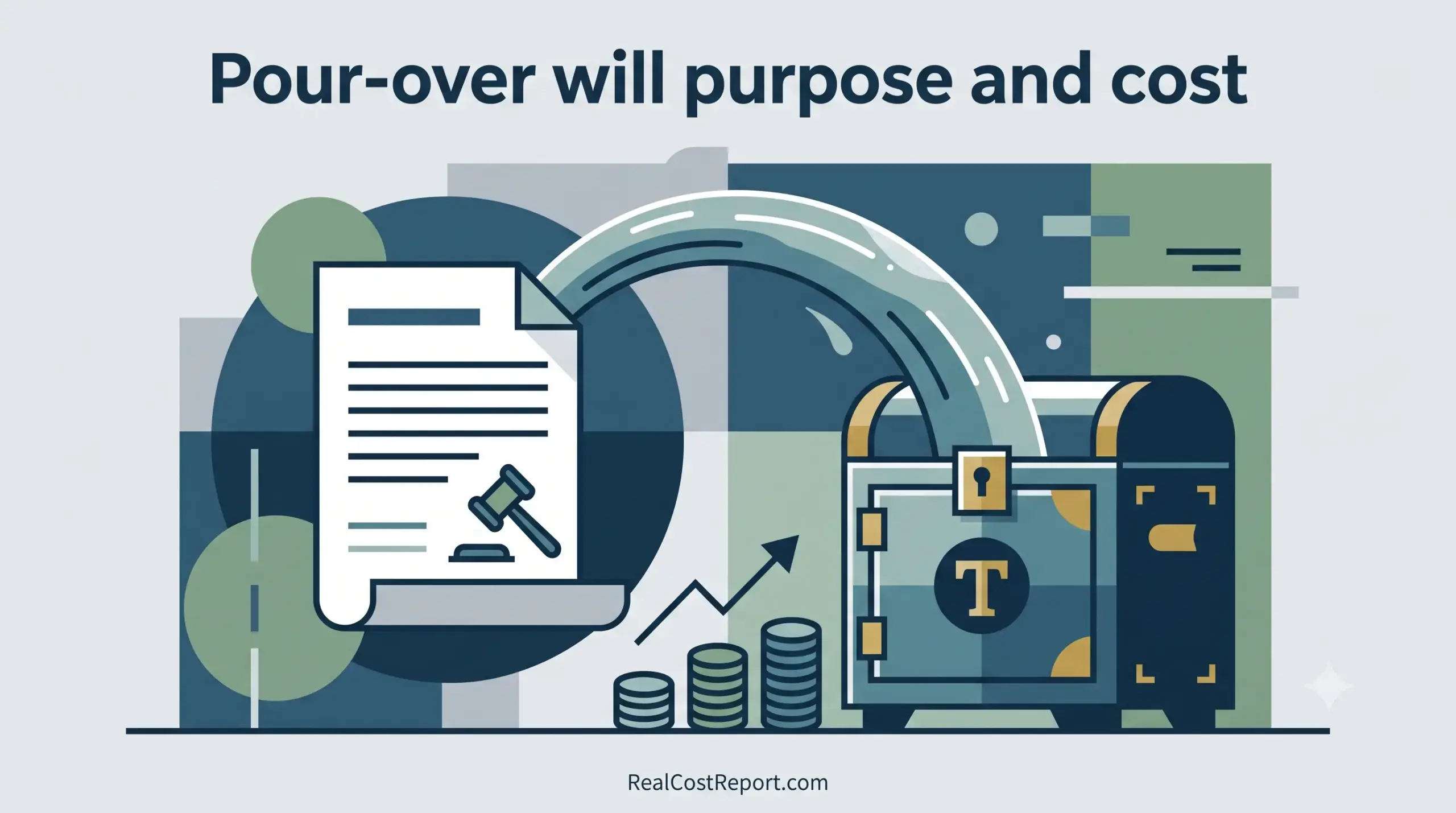A geometric vector illustration showing a legal will pouring assets into a trust safe, with the headline "Pour-over will purpose and cost".