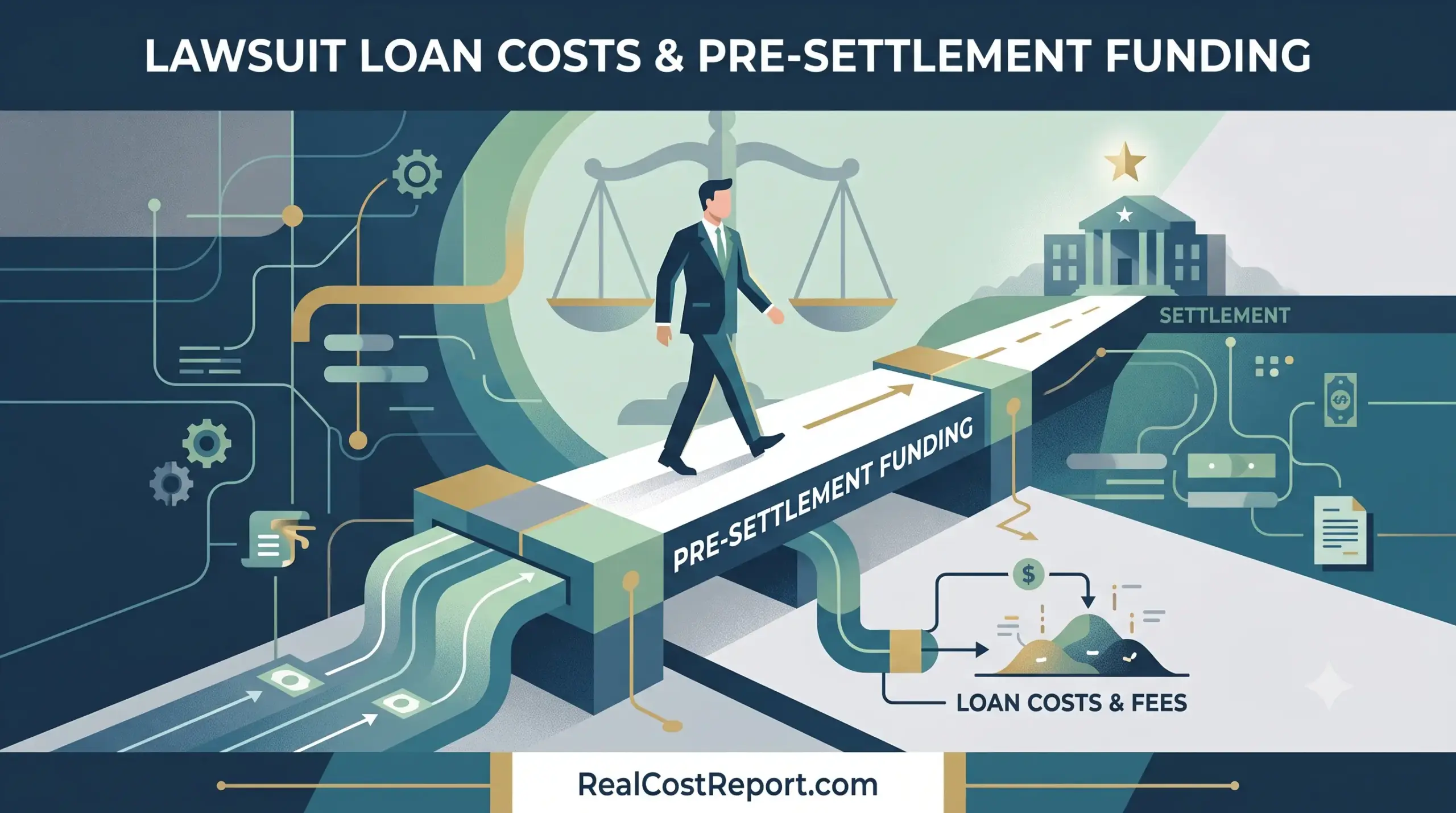 A clean vector illustration showing a man in a suit walking across a bridge labeled "PRE-SETTLEMENT FUNDING" towards a settlement goal, with subtle indicators of associated loan costs.