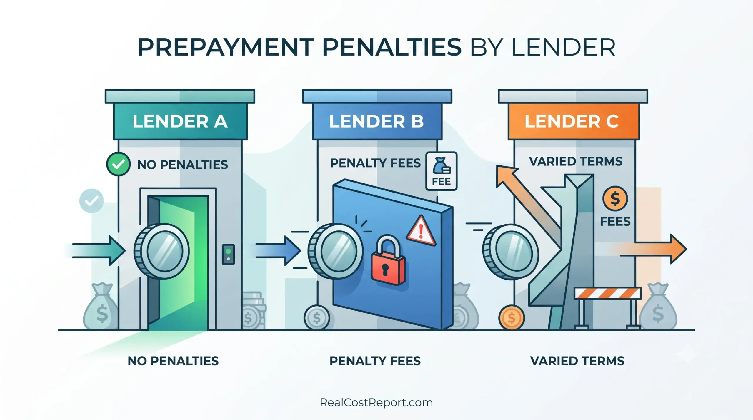 An editorial illustration comparing three distinct lenders: Lender A with no penalties, Lender B with visible penalty fees and a lock, and Lender C with varied terms and barriers.