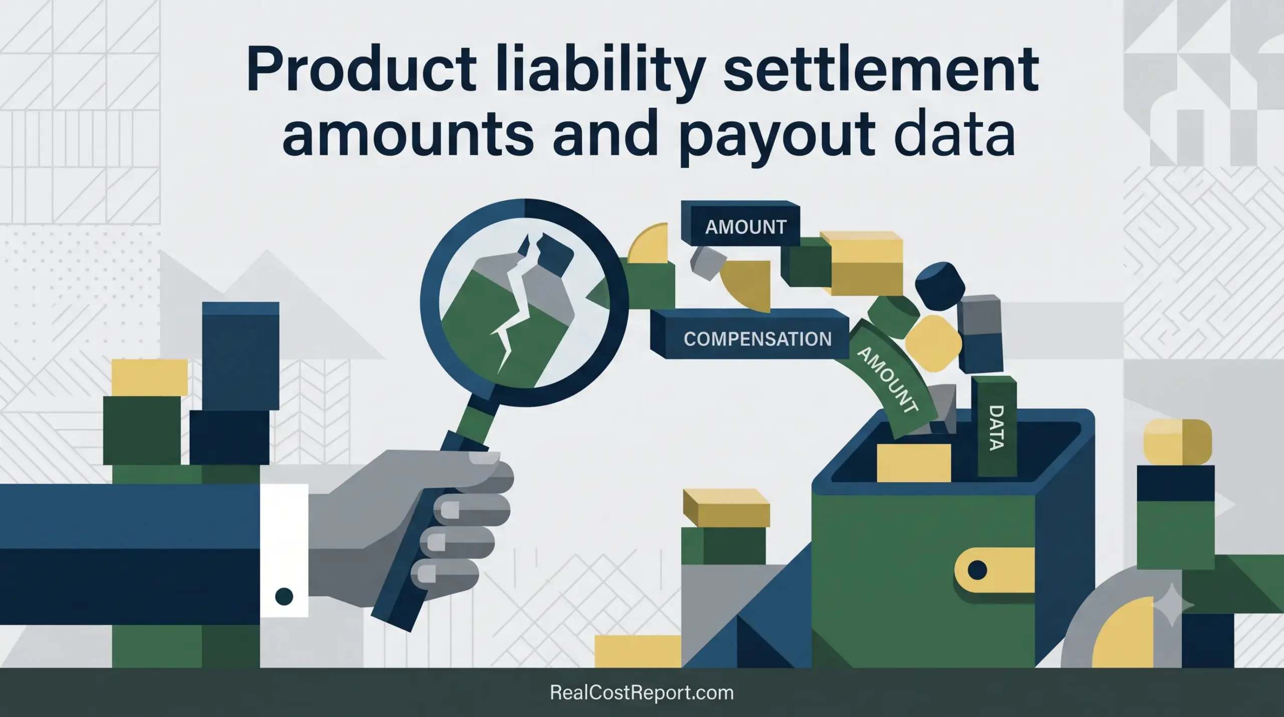 Geometric vector illustration of a hand magnifying a broken product, transferring compensation and amount data blocks into a box. RealCostReport.com URL at bottom.