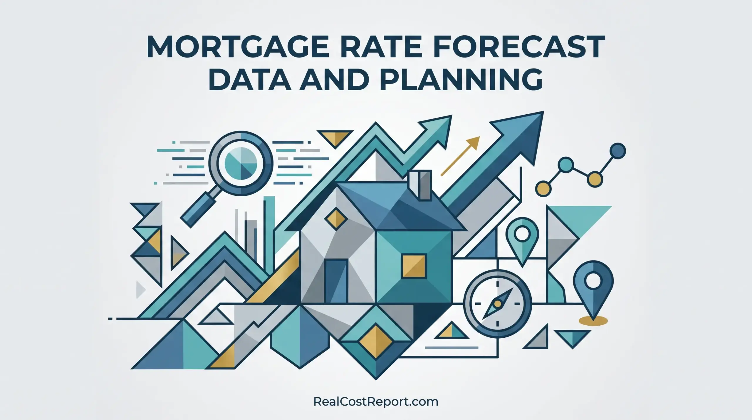 A geometric vector illustration showing a house, upward arrows, and analysis icons for mortgage rate forecasting.