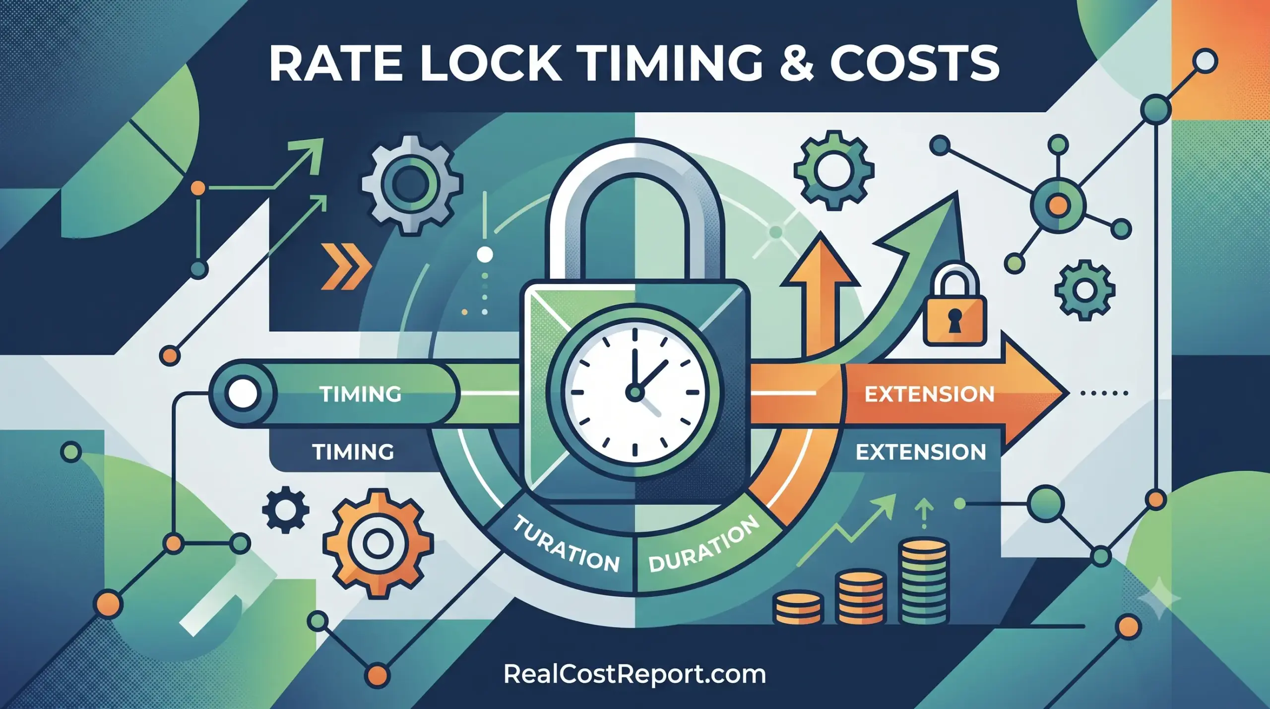 A modern geometric illustration shows a padlock with a clock face, labeled arrows for 'timing' and 'extension', and coin stacks on RealCostReport.com.