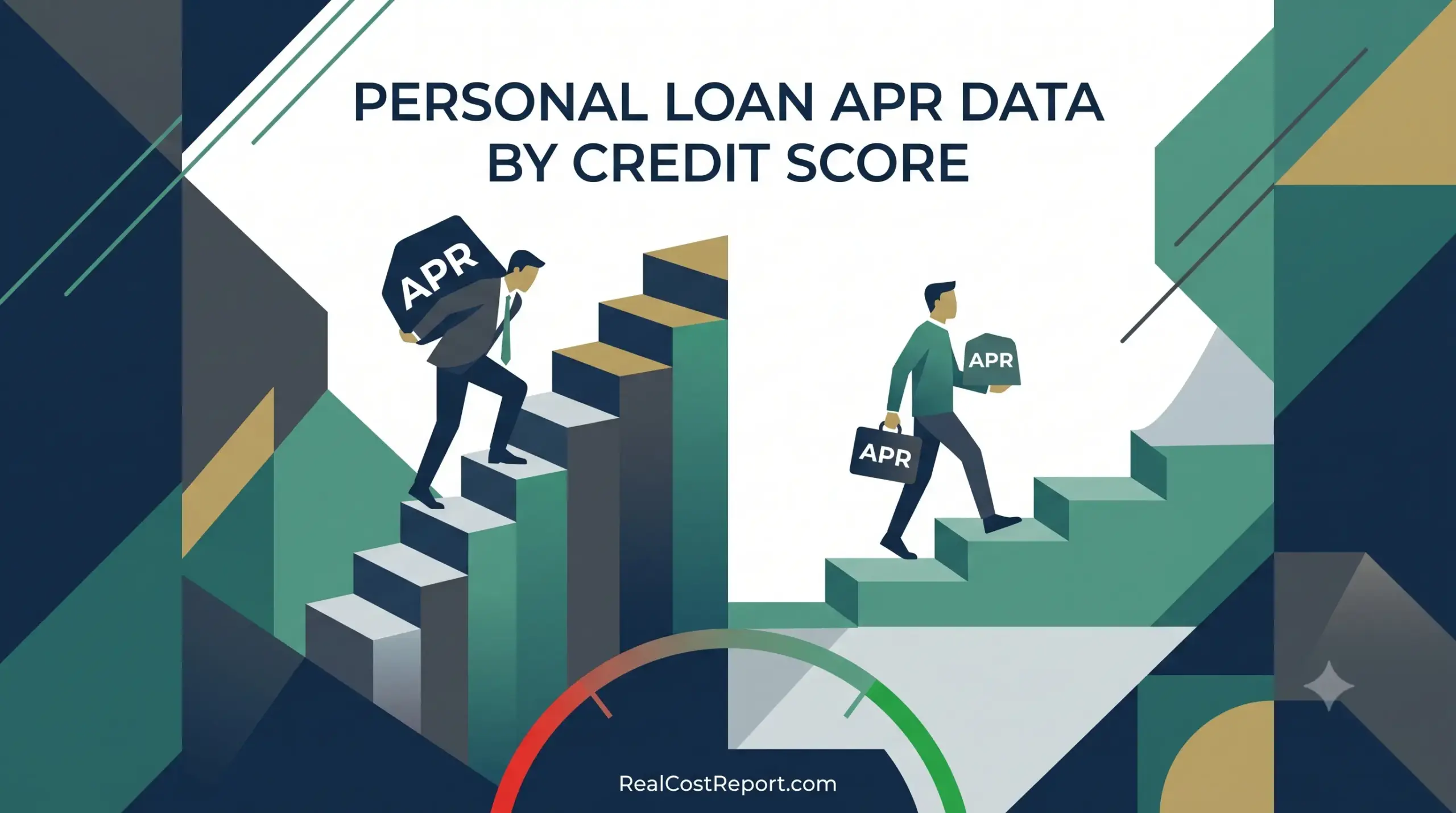 A vector illustration with a headline 'Personal Loan APR Data by Credit Score' and two figures on staircases. One figure carries a large 'APR' weight up steep stairs, while another carries a light 'APR' briefcase on easier stairs. RealCostReport.com URL is at the bottom.