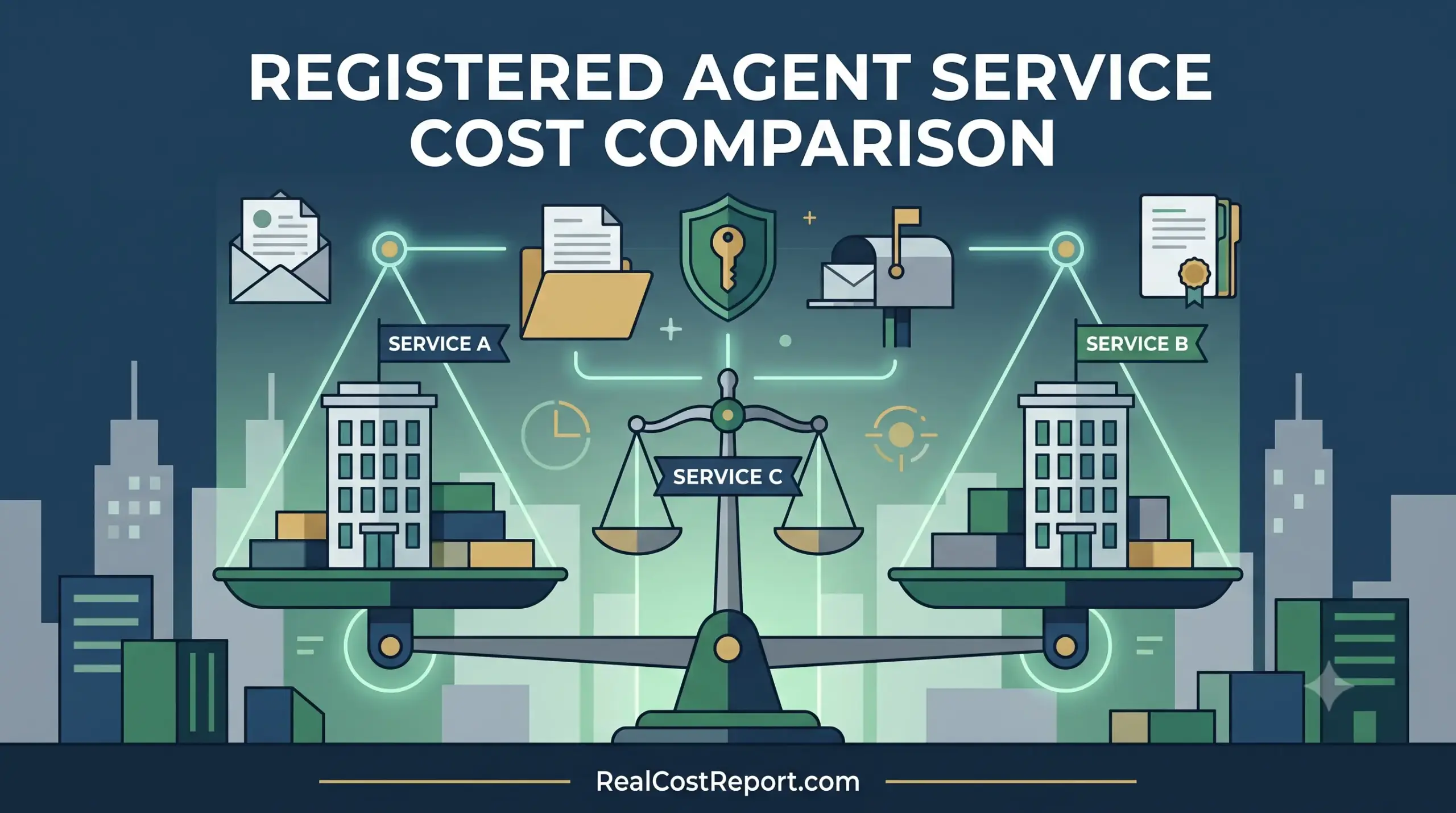 An illustration of balance scales comparing different corporate service providers amidst business-related icons like files and mailboxes.