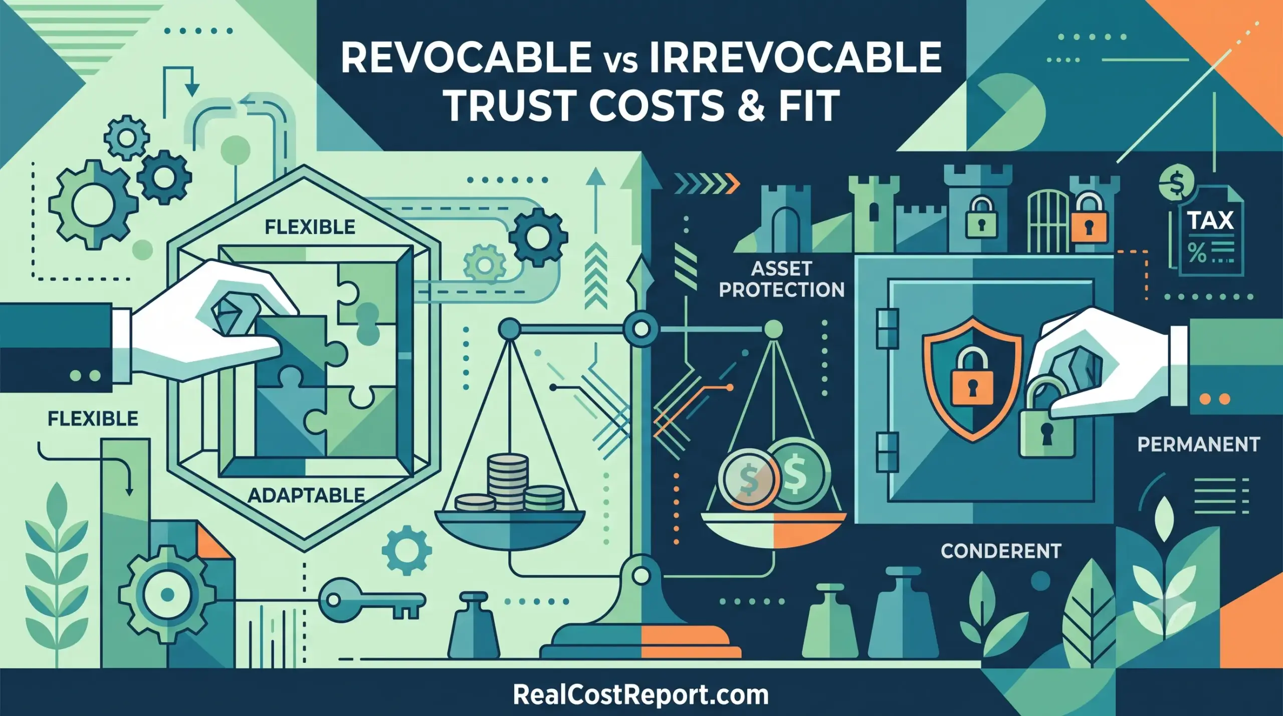 Geometric illustration comparing revocable (flexible) and irrevocable (permanent, secure) trust features, costs, and benefits for legal planning.