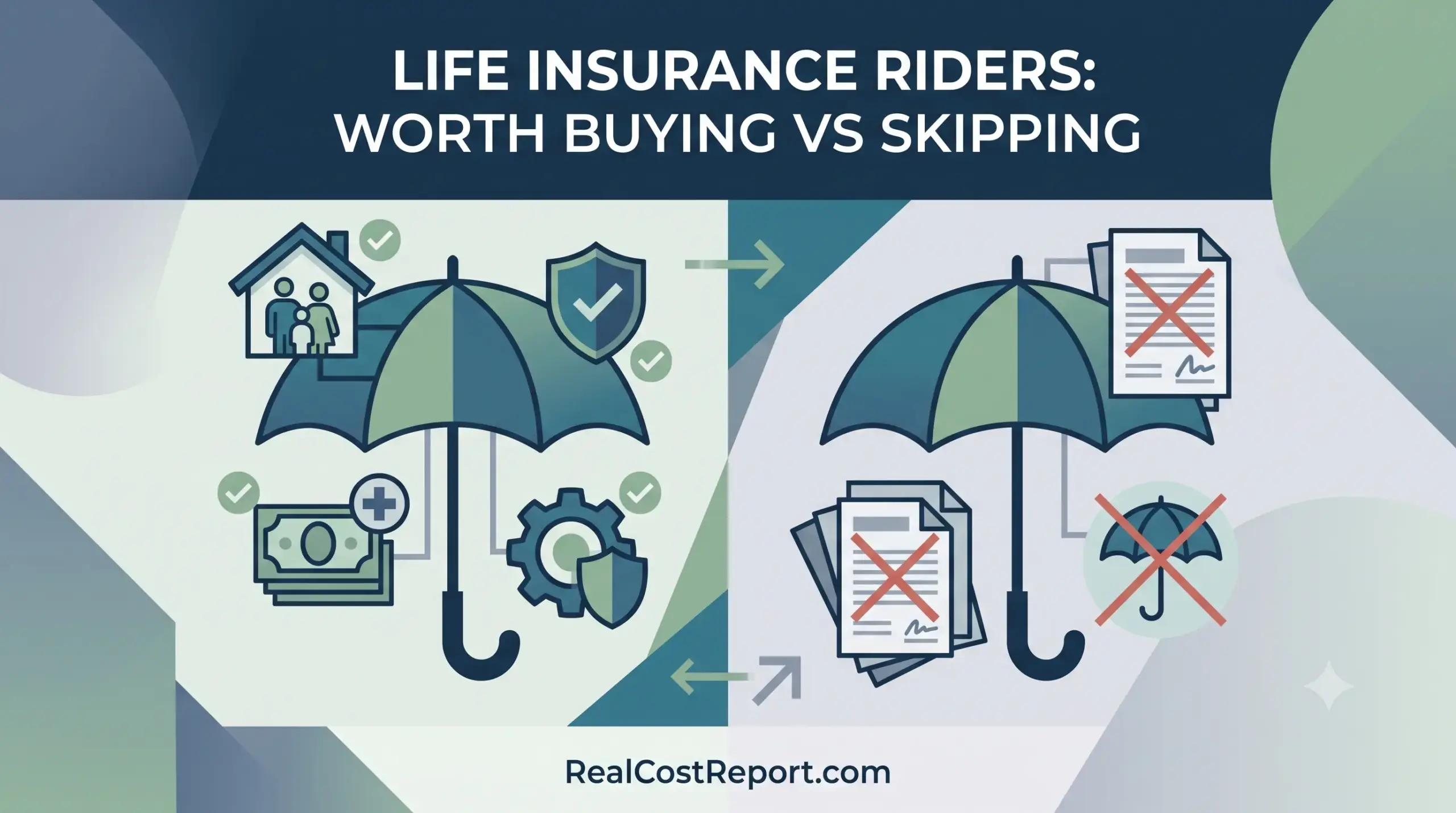A comparison graphic illustration showing beneficial versus unnecessary life insurance riders with umbrellas, checks, and 'X' marks.