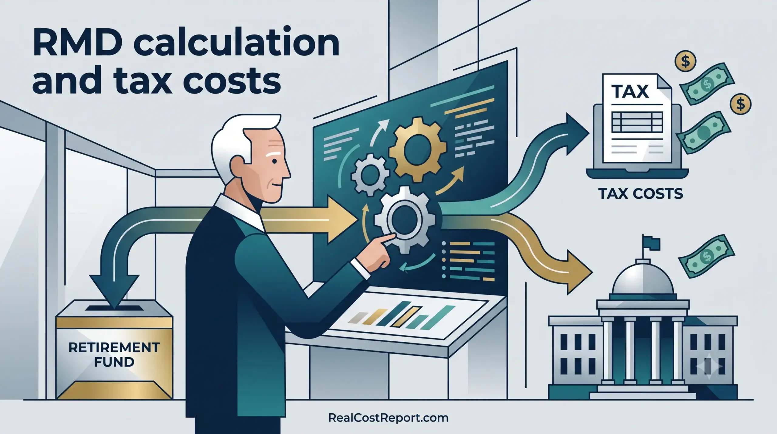 A vector illustration shows a man processing financial calculations that result in tax forms and government payments.
