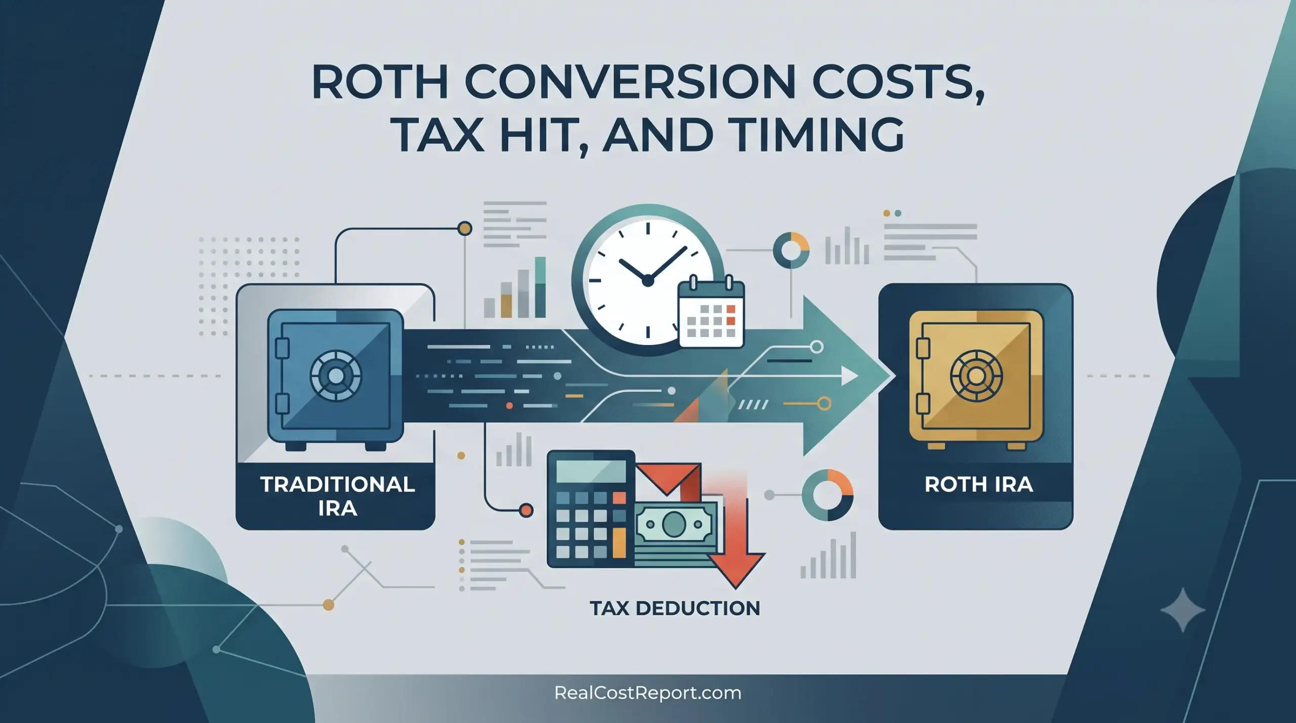 An infographic for "RealCostReport.com" about Roth conversion, showing a timeline, calculator, and vaults for Traditional and Roth IRAs.