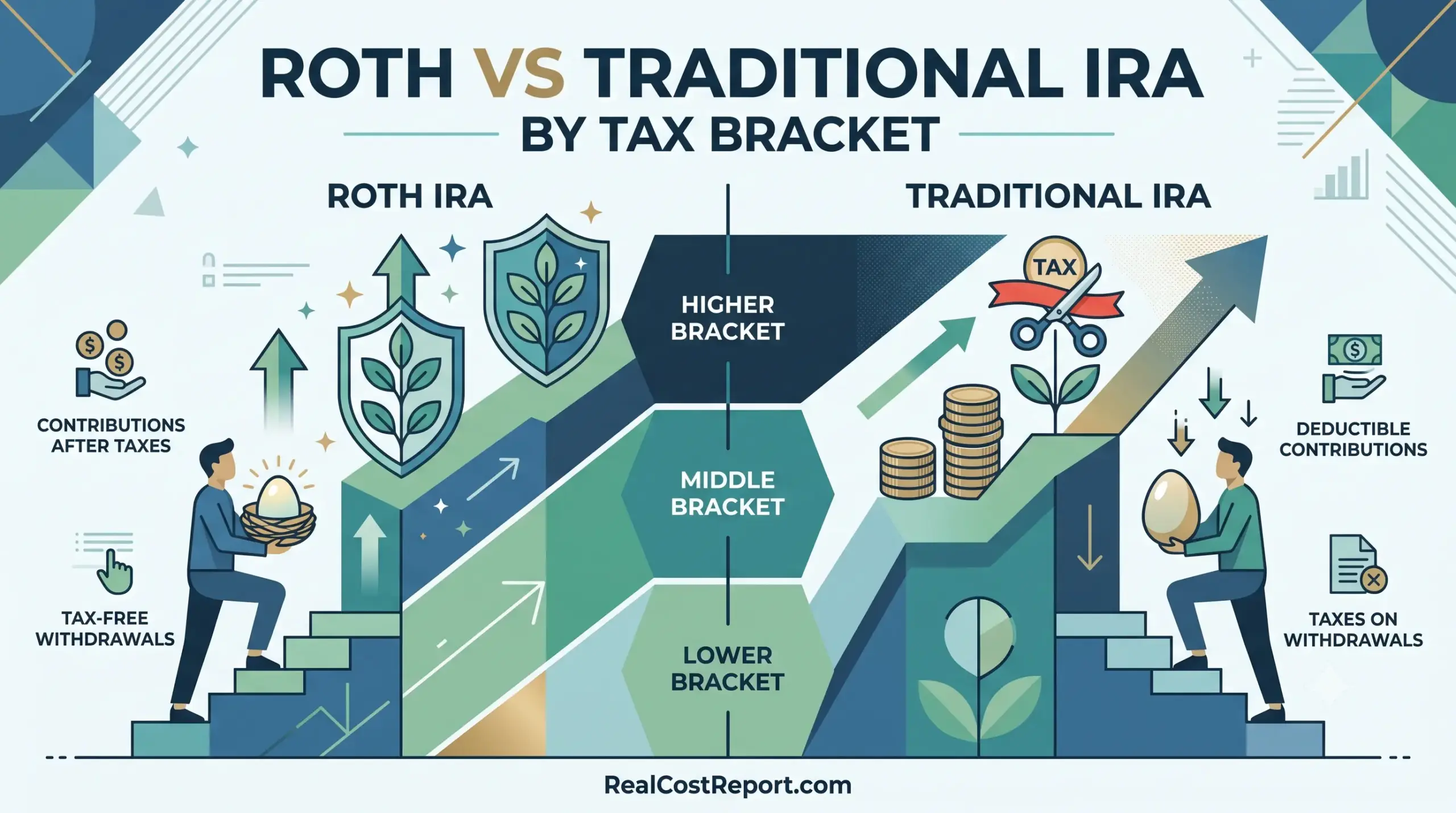 A geometric vector illustration comparing Roth and Traditional IRAs with climbing figures and 'Higher Bracket' indicators.
