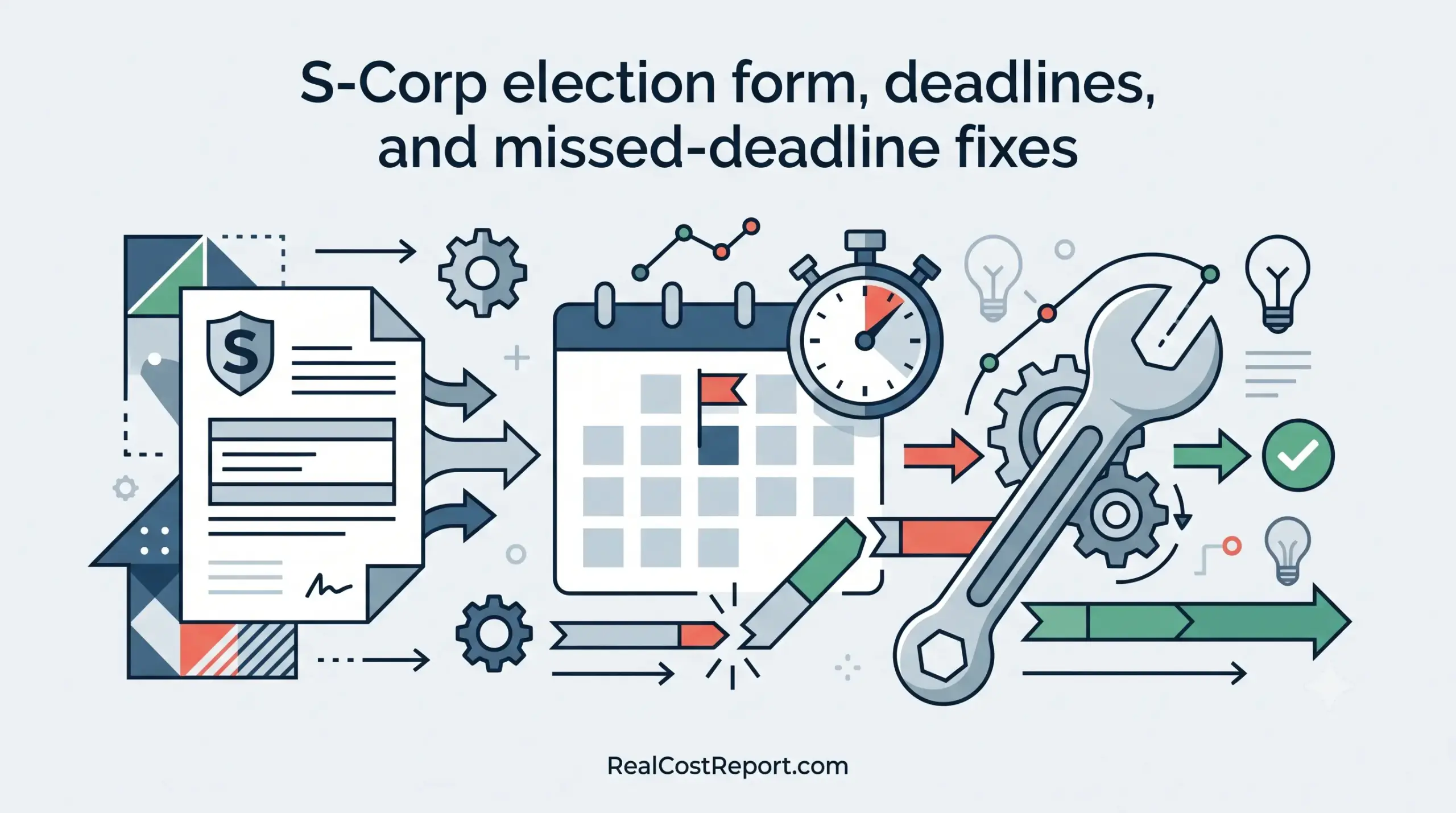 A clean vector illustration showing a document, a calendar, a stopwatch, and a wrench with the headline "S-Corp election form, deadlines, and missed-deadline fixes".