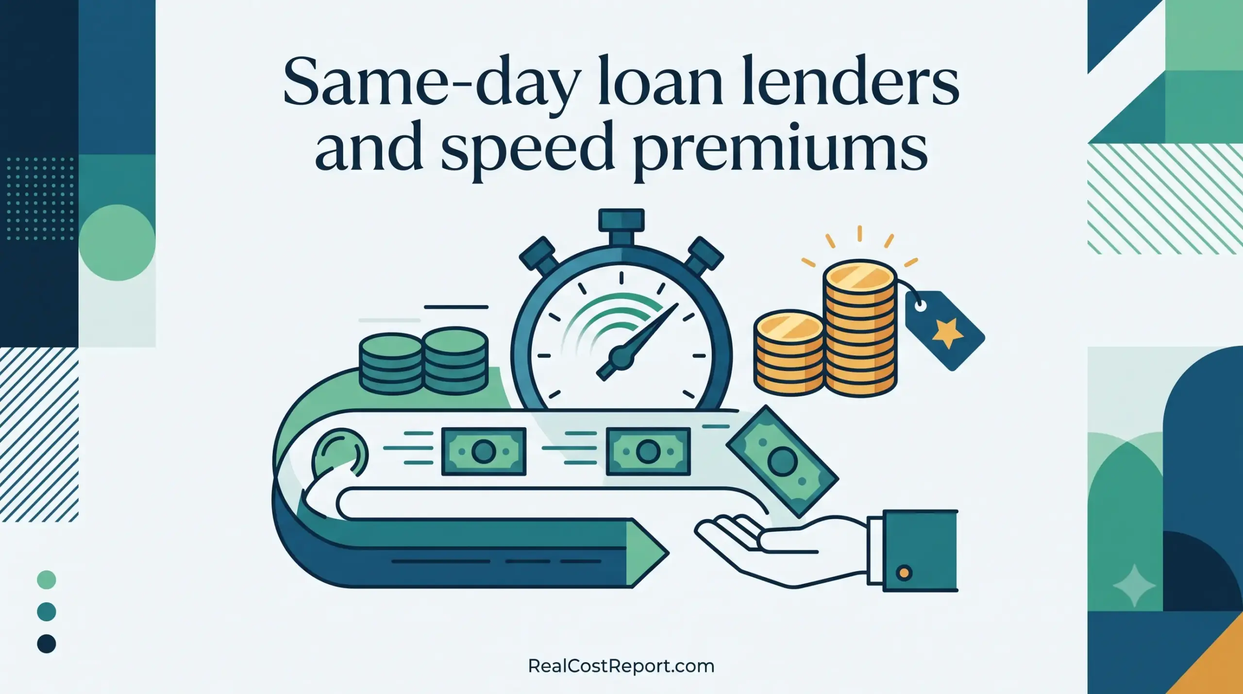 Geometric illustration showing a stopwatch and premium money stacks, symbolizing the fast service and higher costs of same-day loans.