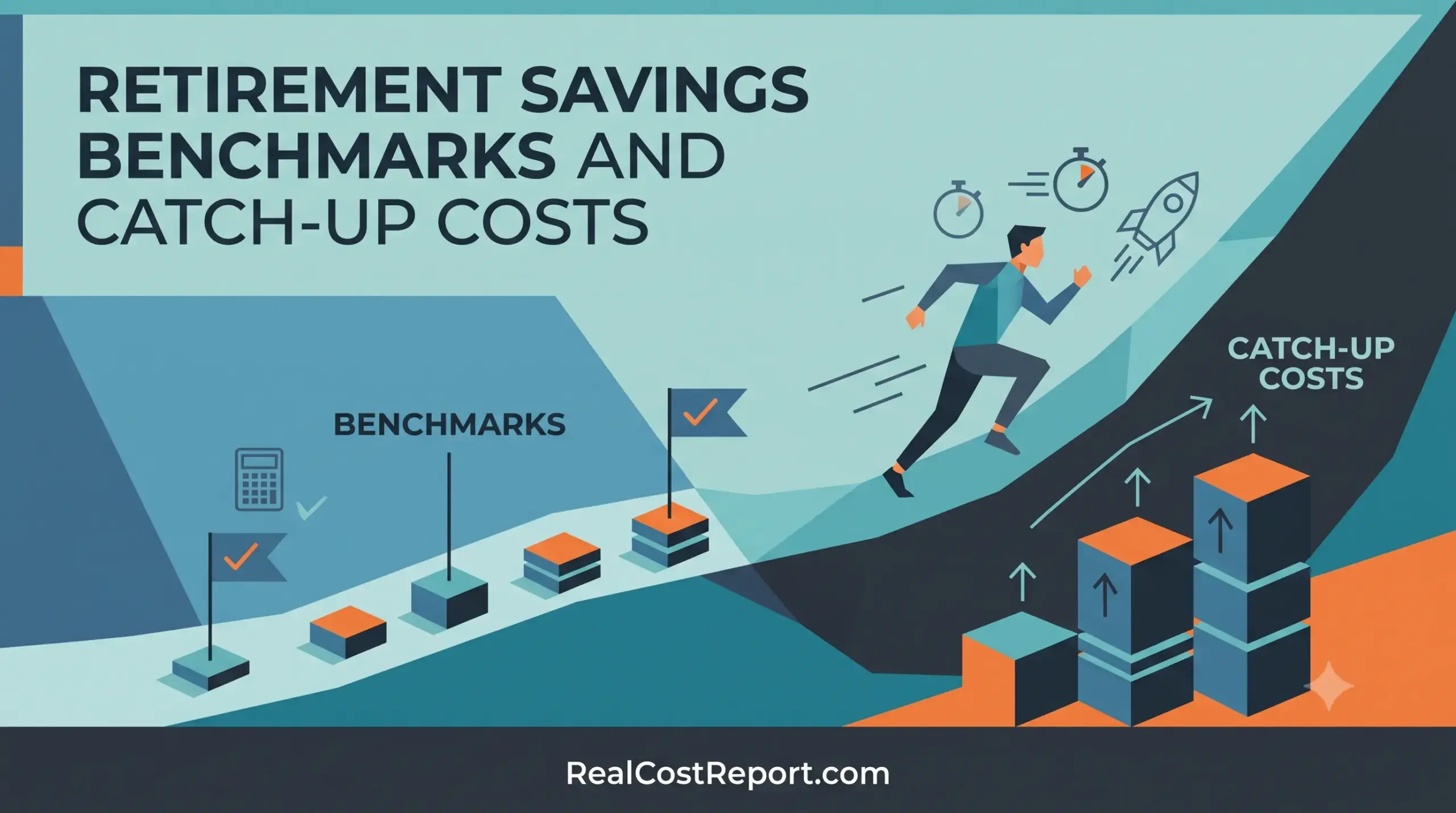 A flat design vector illustration featuring a business person running up steps towards a rocket, representing retirement catch-up costs.