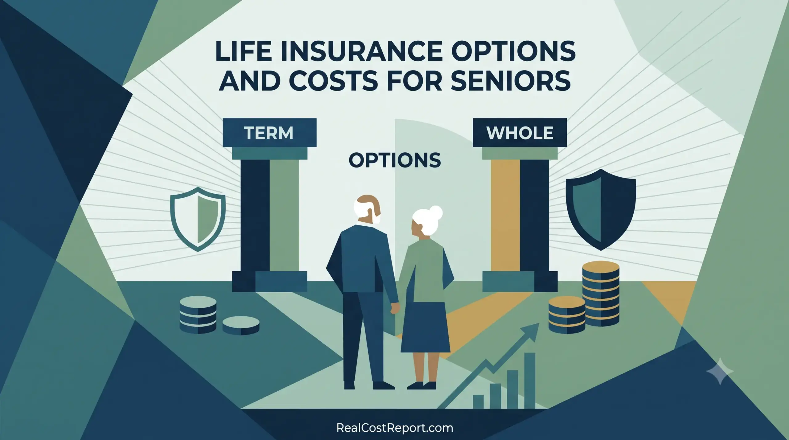 An illustration of a senior couple considering term and whole life insurance options with varying costs.