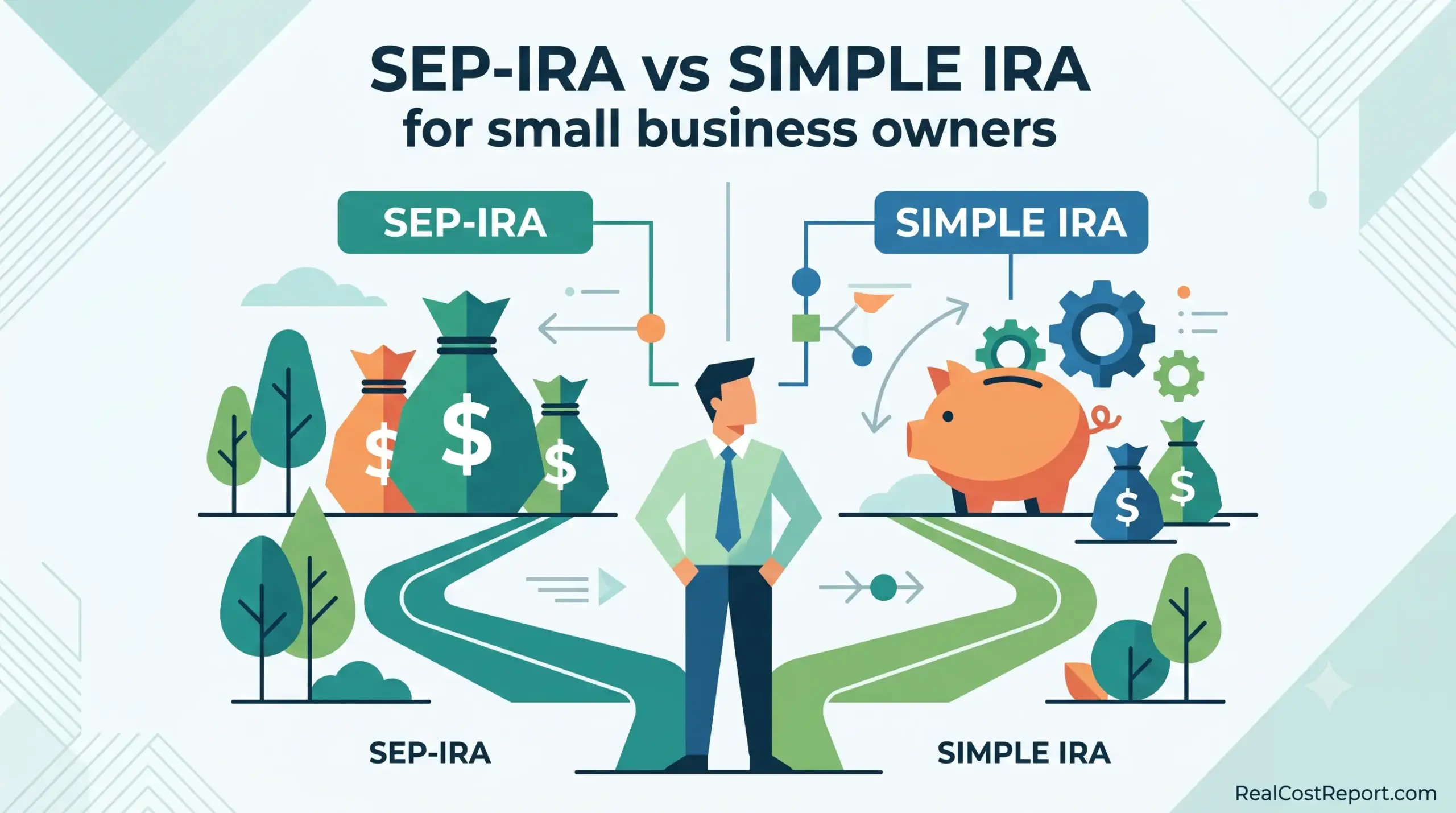 Geometric vector illustration comparing SEP-IRA and SIMPLE IRA options for small business owners with money bags, a piggy bank, and a central figure.