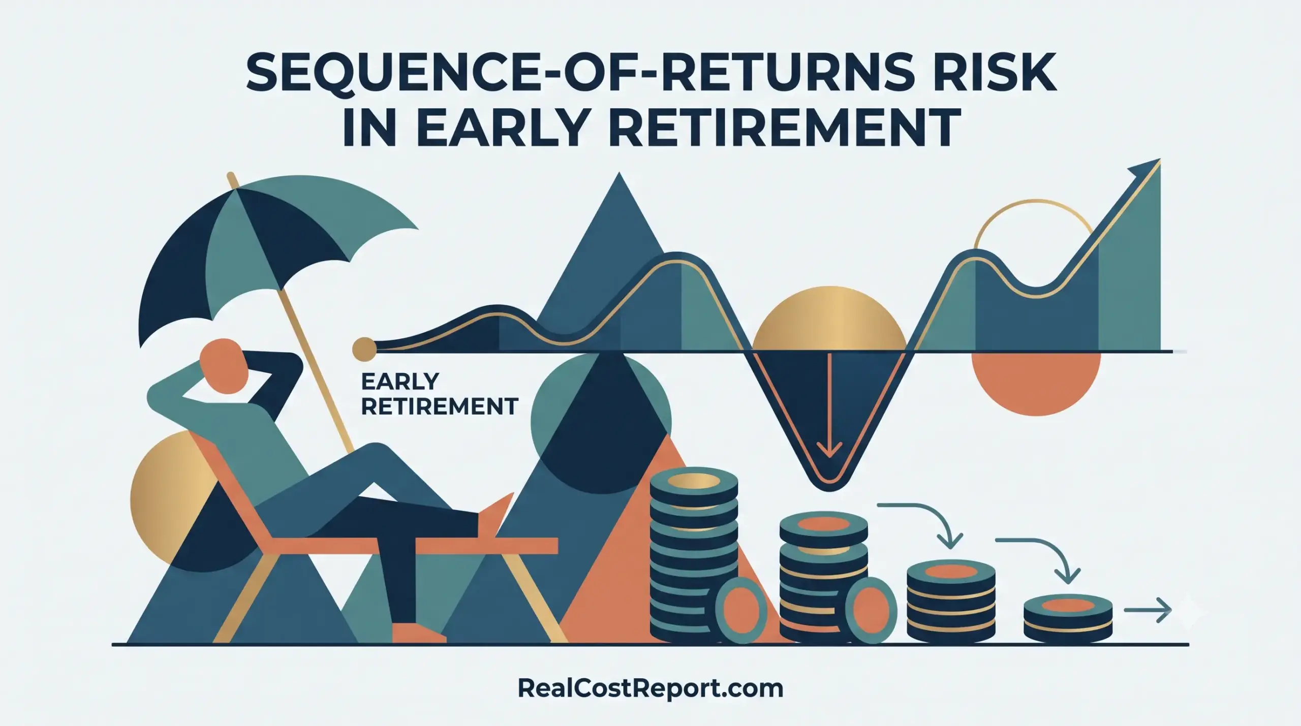 A geometric illustration shows a retiree watching a volatile market graph impact their diminishing stacks of gold coins.