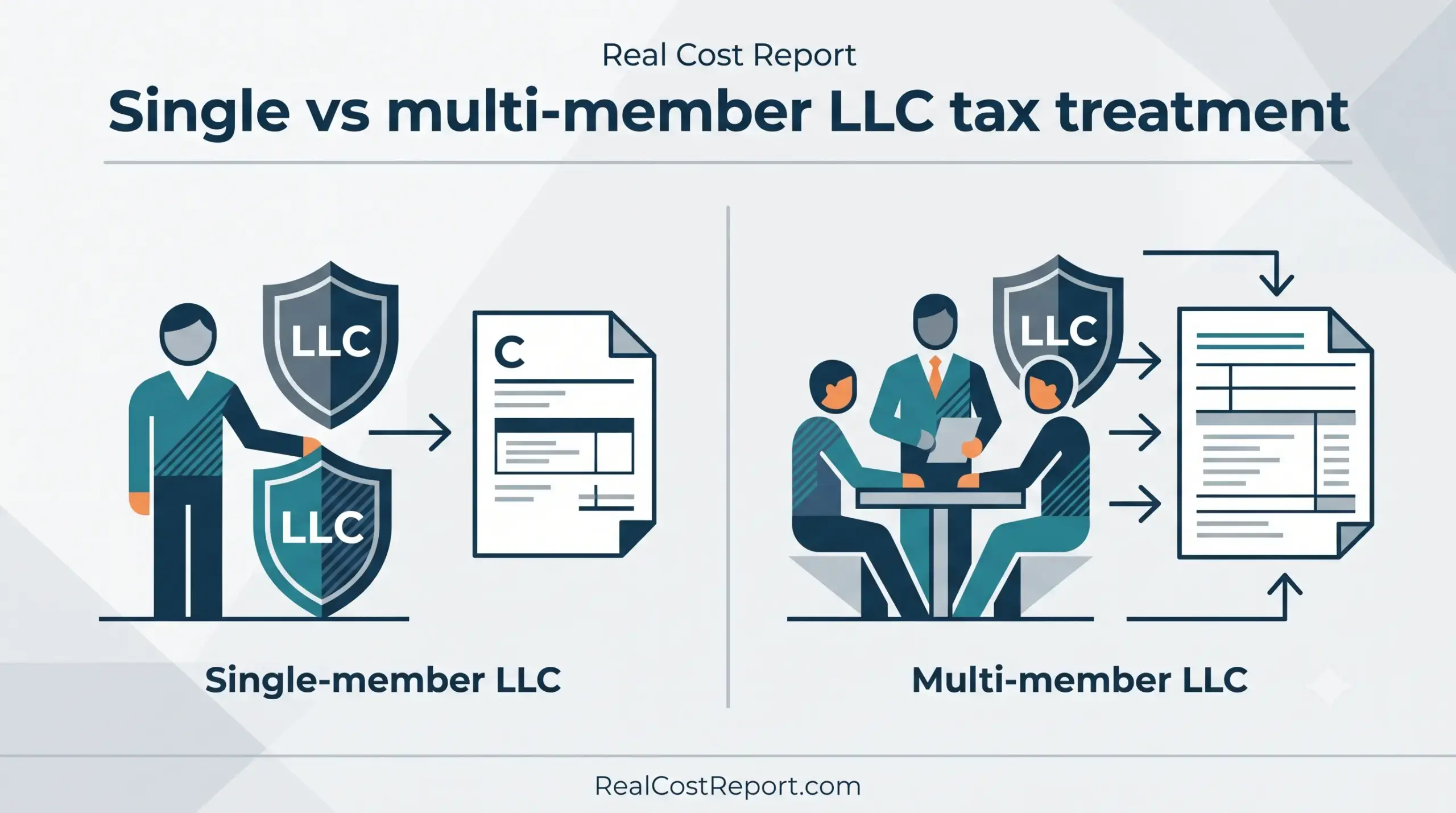 A split geometric illustration comparing a single business owner and a group of owners navigating tax documents.
