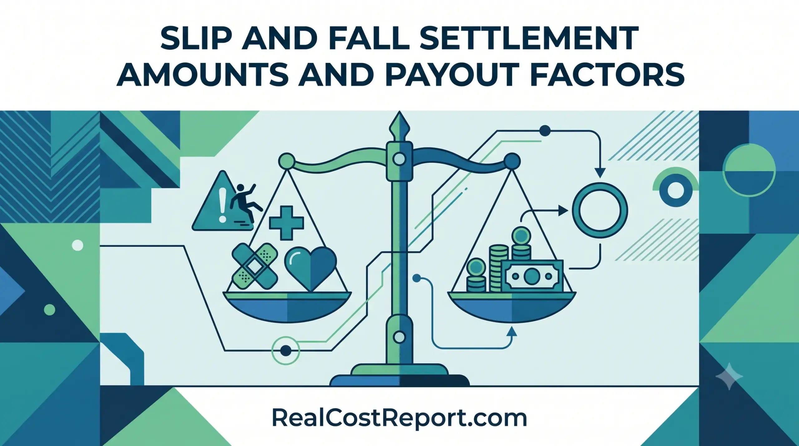 A vector illustration of a scale with injury icons and money symbols, representing slip and fall settlement factors.