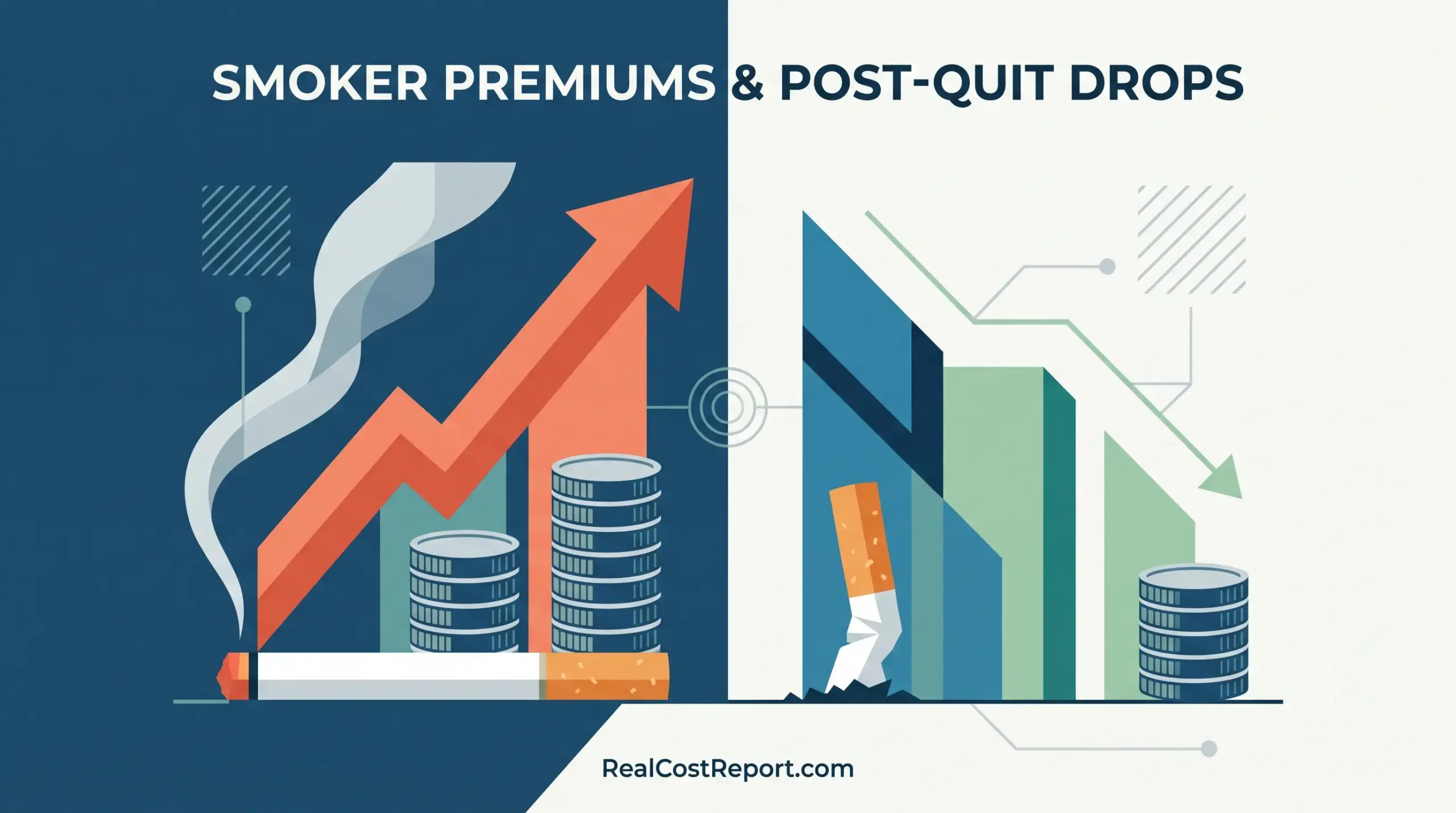 A split geometric illustration shows higher costs with an active cigarette and lower costs with a extinguished cigarette and reduced coin stacks.
